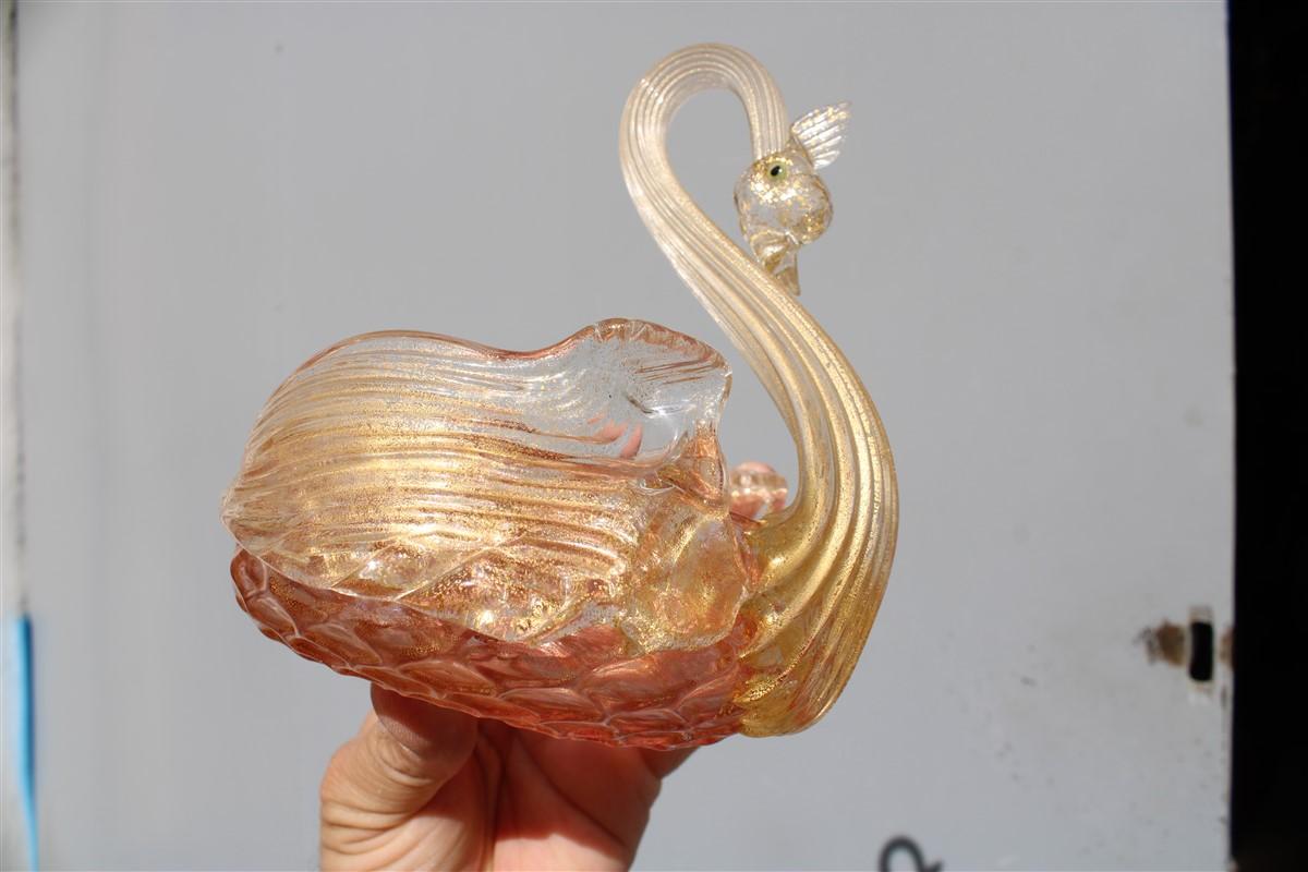 Archimede Seguso 1940s Swan-Shaped Murano Glass Bowl with Gold Dust Red Italian  For Sale 2