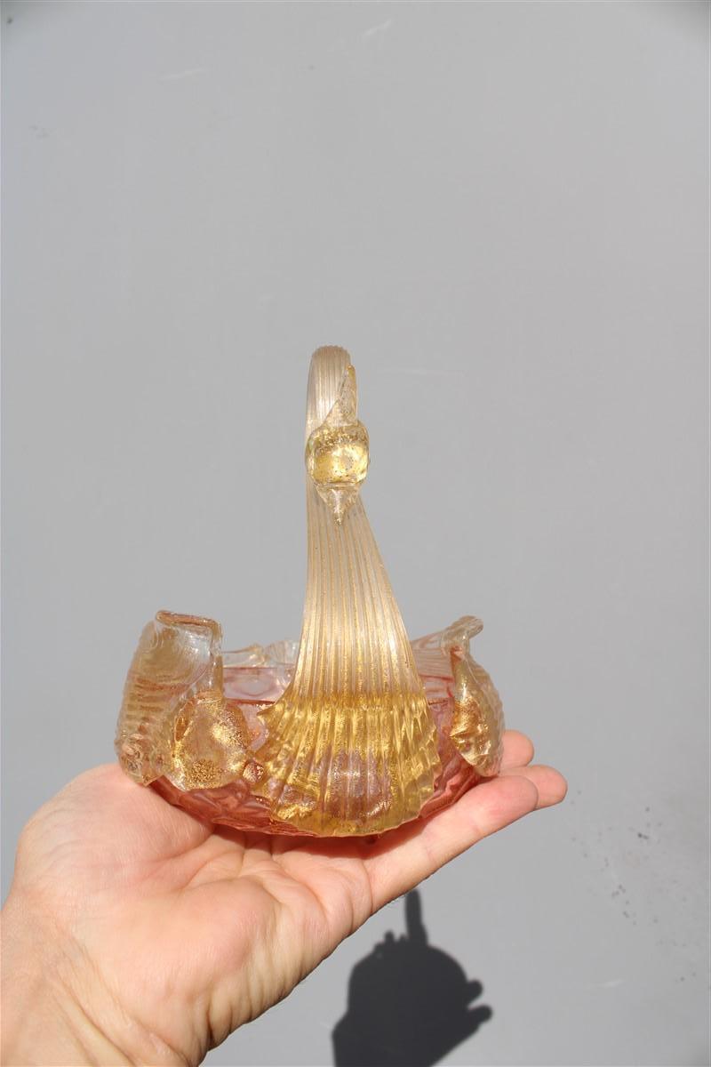 Archimede Seguso 1940s swan-shaped murano glass bowl with gold dust.
