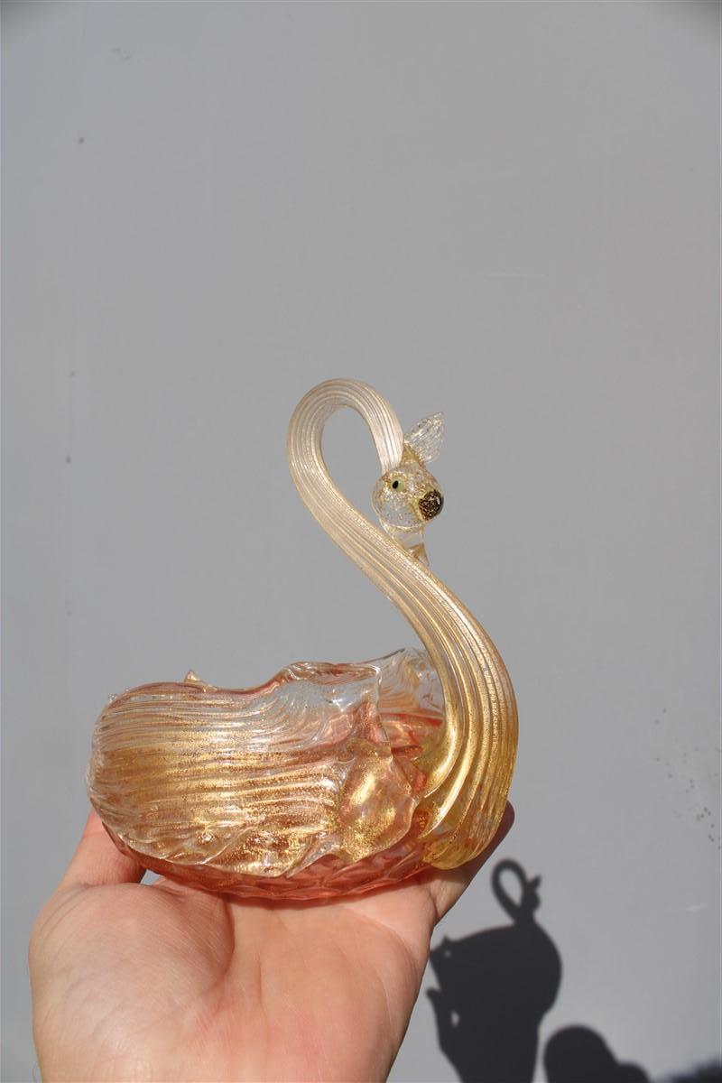 Mid-Century Modern Archimede Seguso 1940s Swan-Shaped Murano Glass Bowl with Gold Dust Red Italian  For Sale