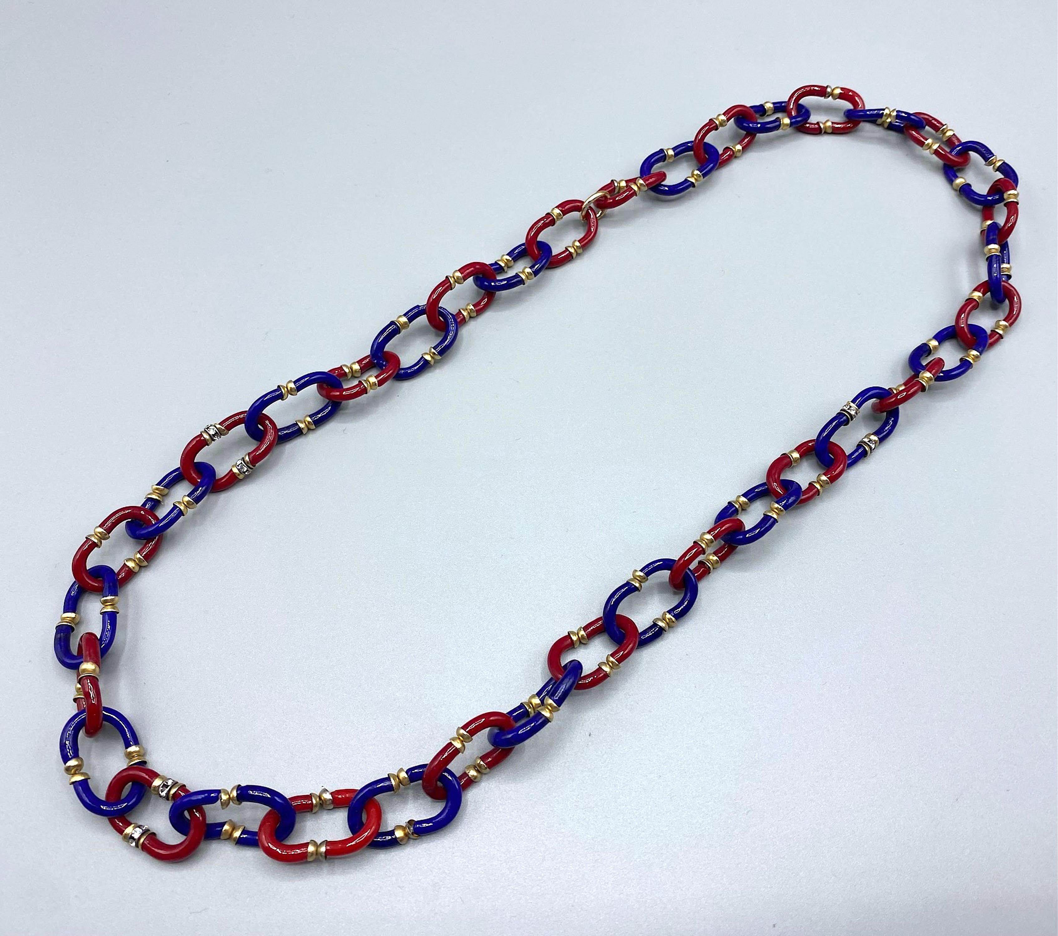 Lovely glass chain necklace by Archimede Seguso of Italy. Chain links are hand formed of two C shape glass pieces. The necklace is 30 inches long and .75 of an inch wide.
The Necklace can not be open but fit around the head.
