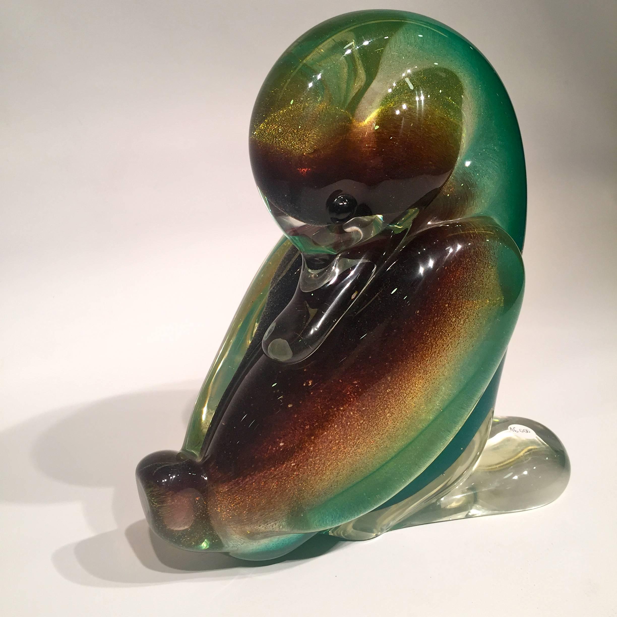 italien Archimede Seguso, 1950, canard multicolore en verre de Murano « Fumatto oro » en vente