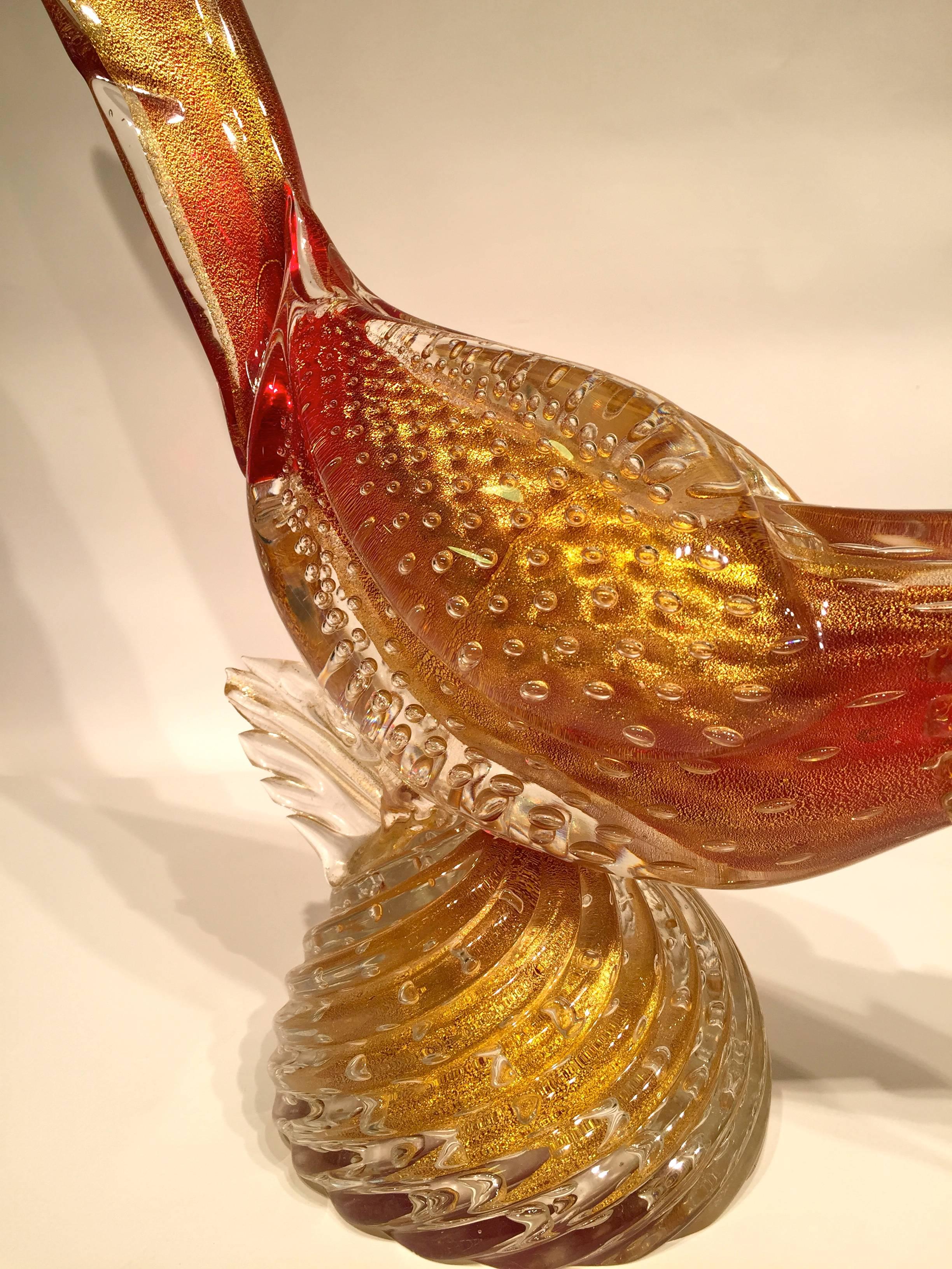 Mid-Century Modern Archimede Seguso 1950 Red Cock in Murano Glass with Gold Leaf For Sale
