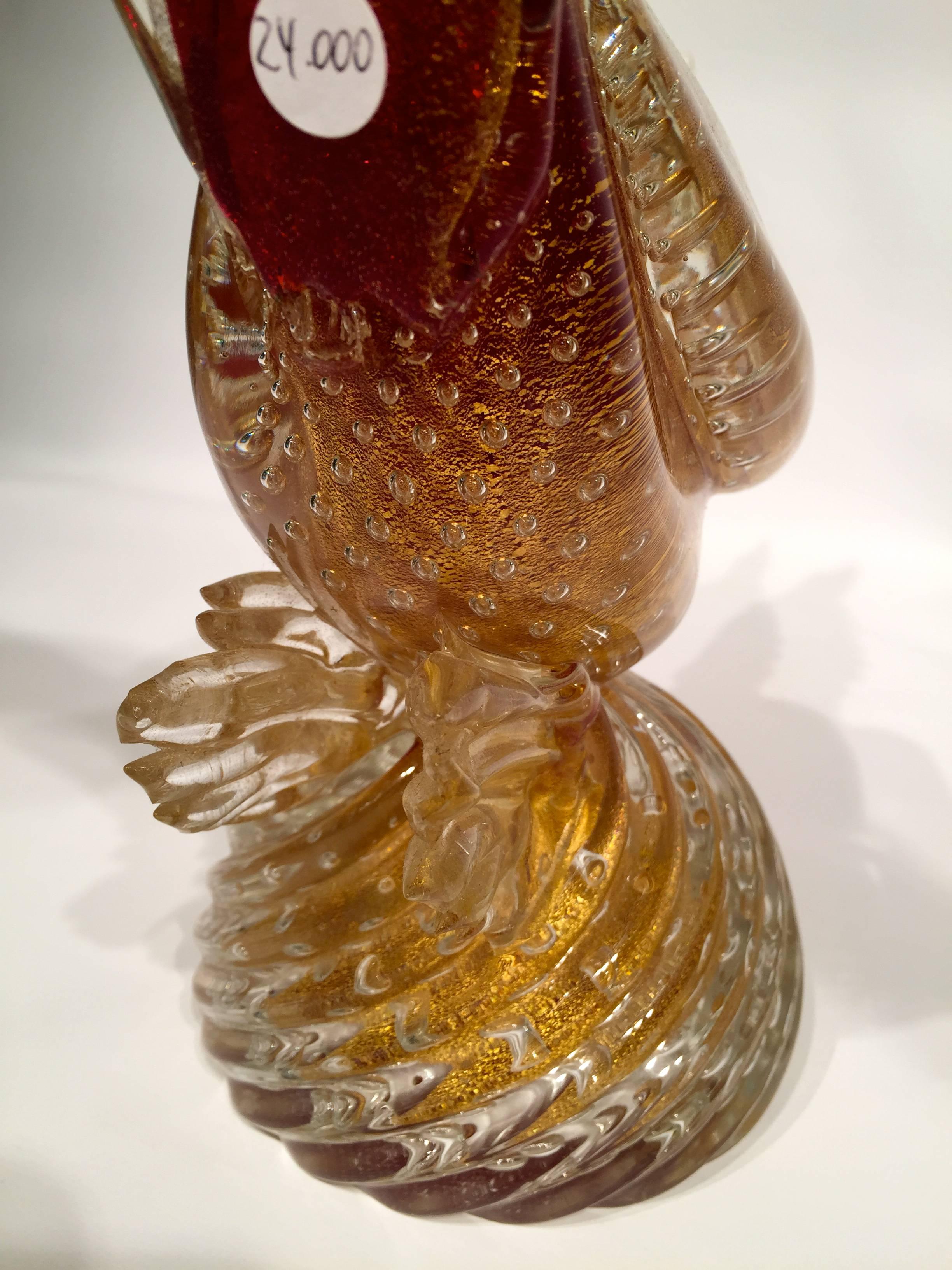 Italian Archimede Seguso 1950 Red Cock in Murano Glass with Gold Leaf For Sale