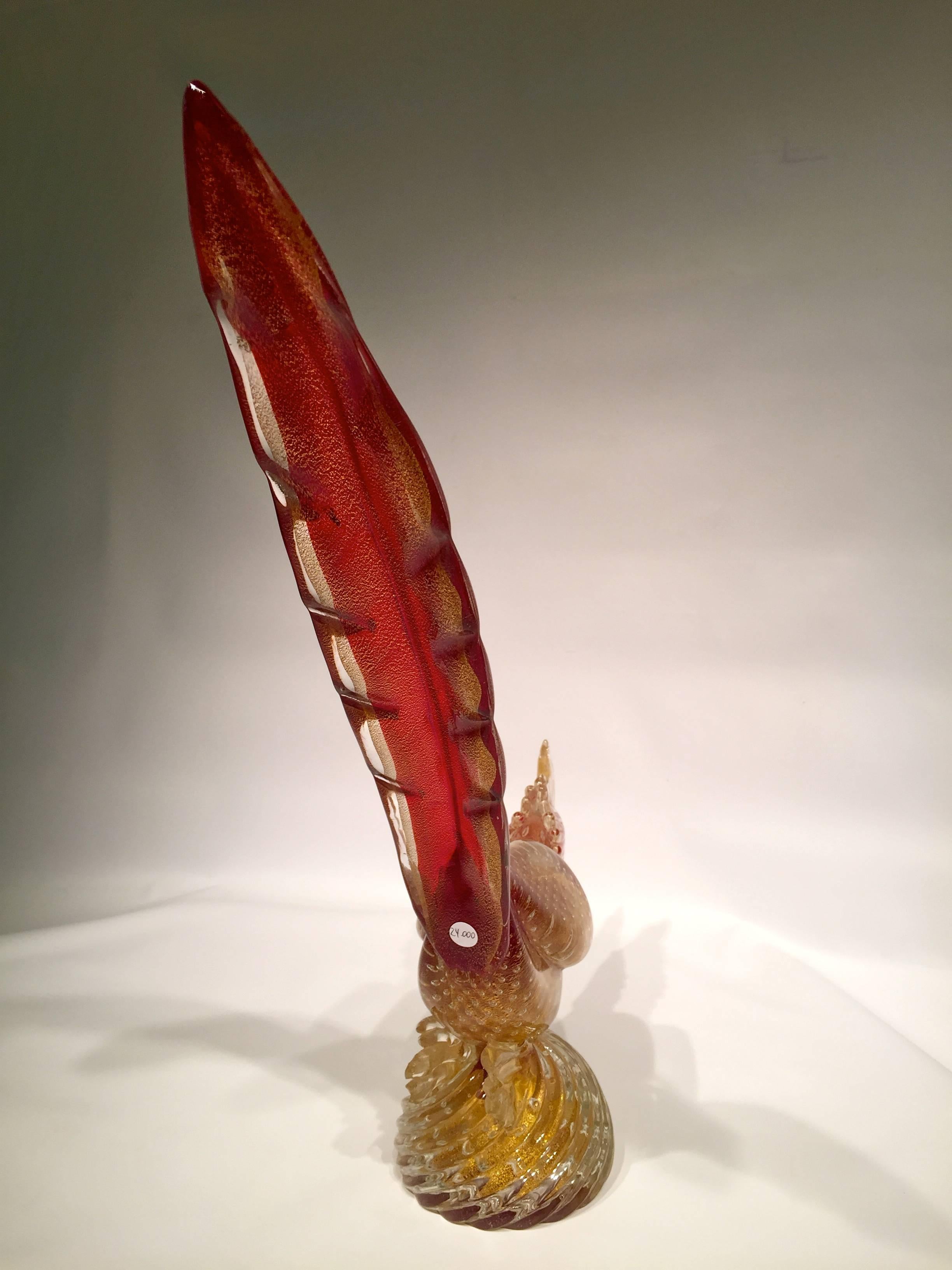 Appliqué Archimede Seguso 1950 Red Cock in Murano Glass with Gold Leaf For Sale