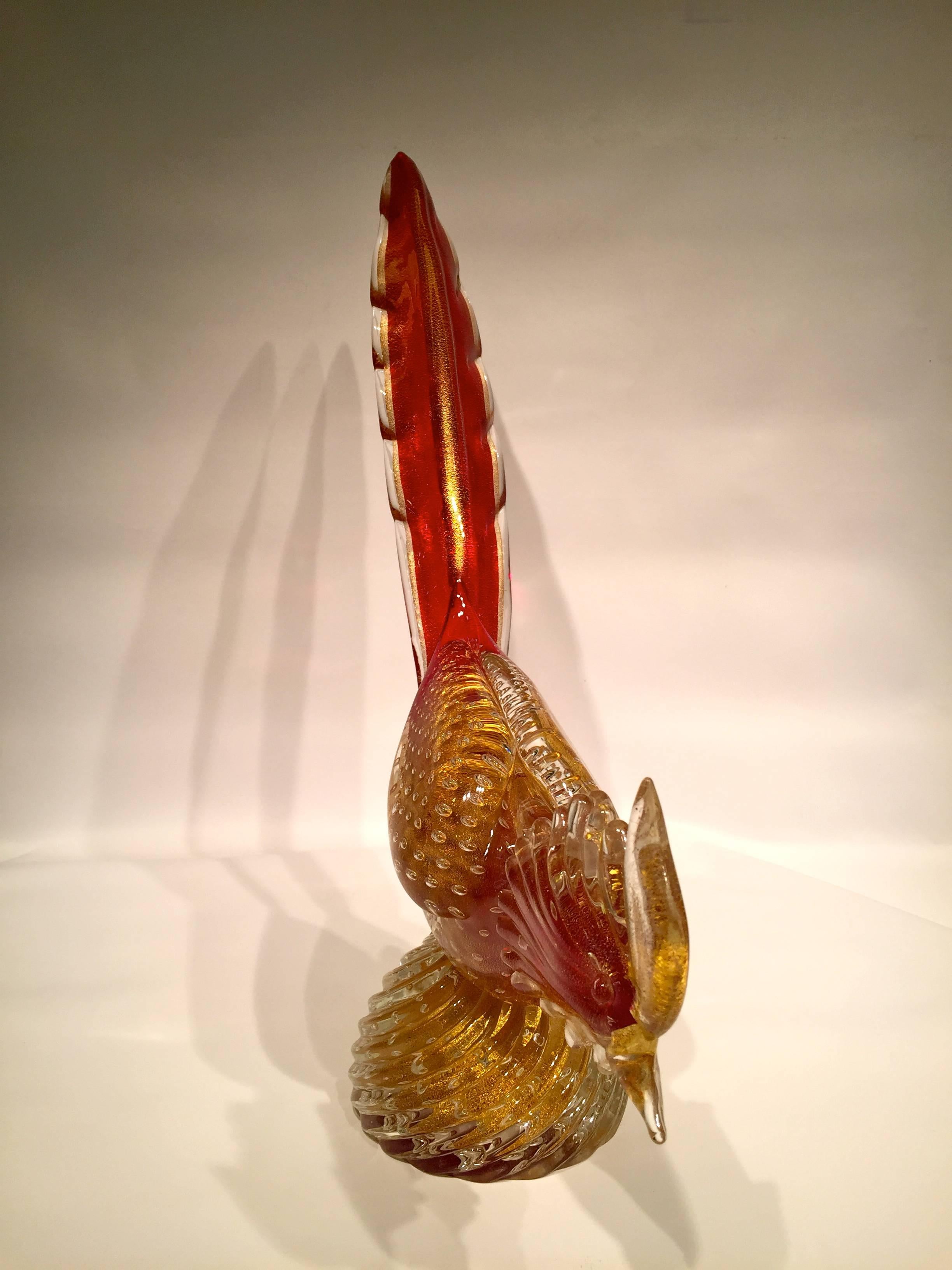 Archimede Seguso 1950 Red Cock in Murano Glass with Gold Leaf In Excellent Condition For Sale In Rio de Janeiro, RJ