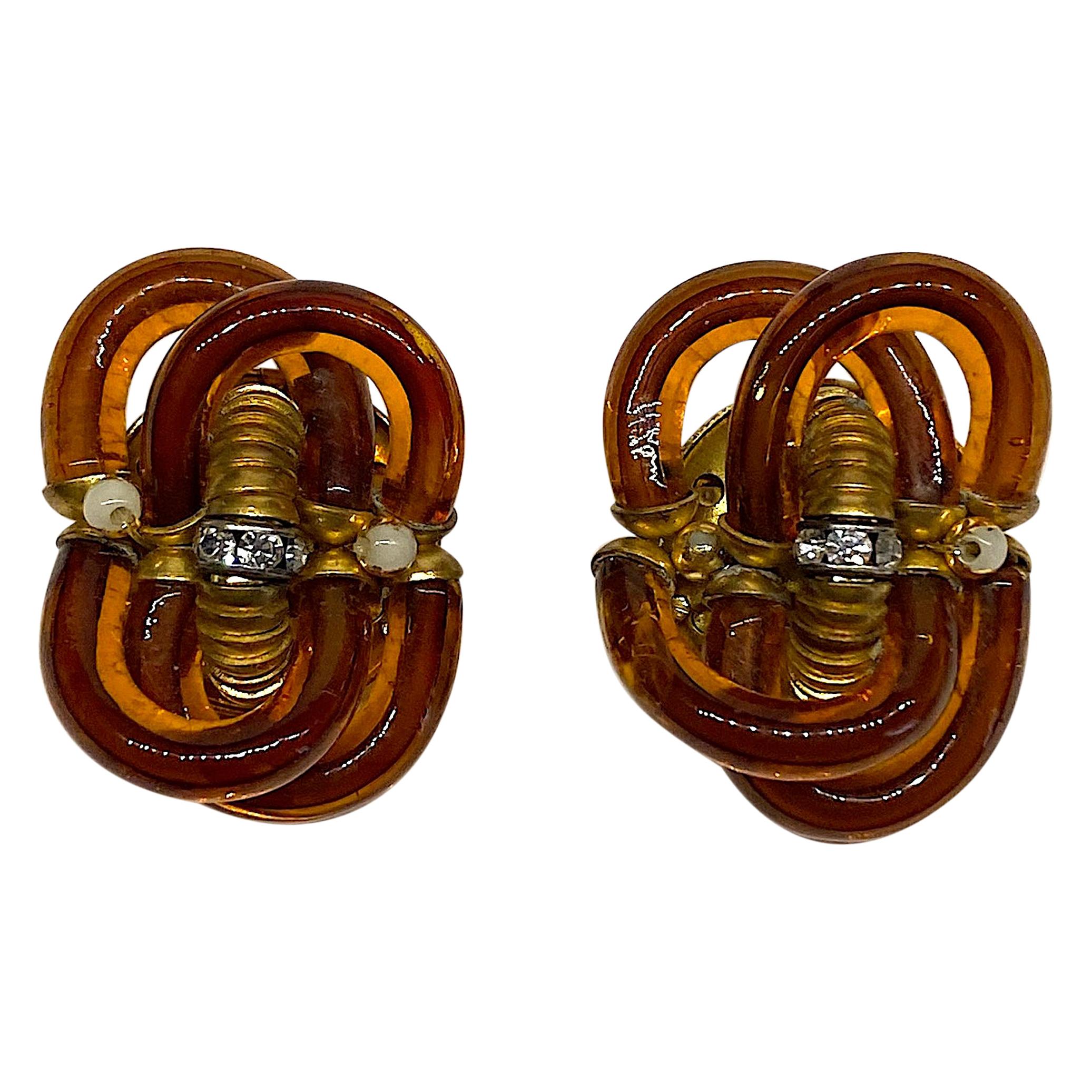 Archimede Seguso 1960s Amber Murano Glass Earrings