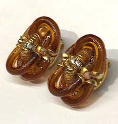 Archimede Seguso 1960s Amber Murano Glass Link Earrings