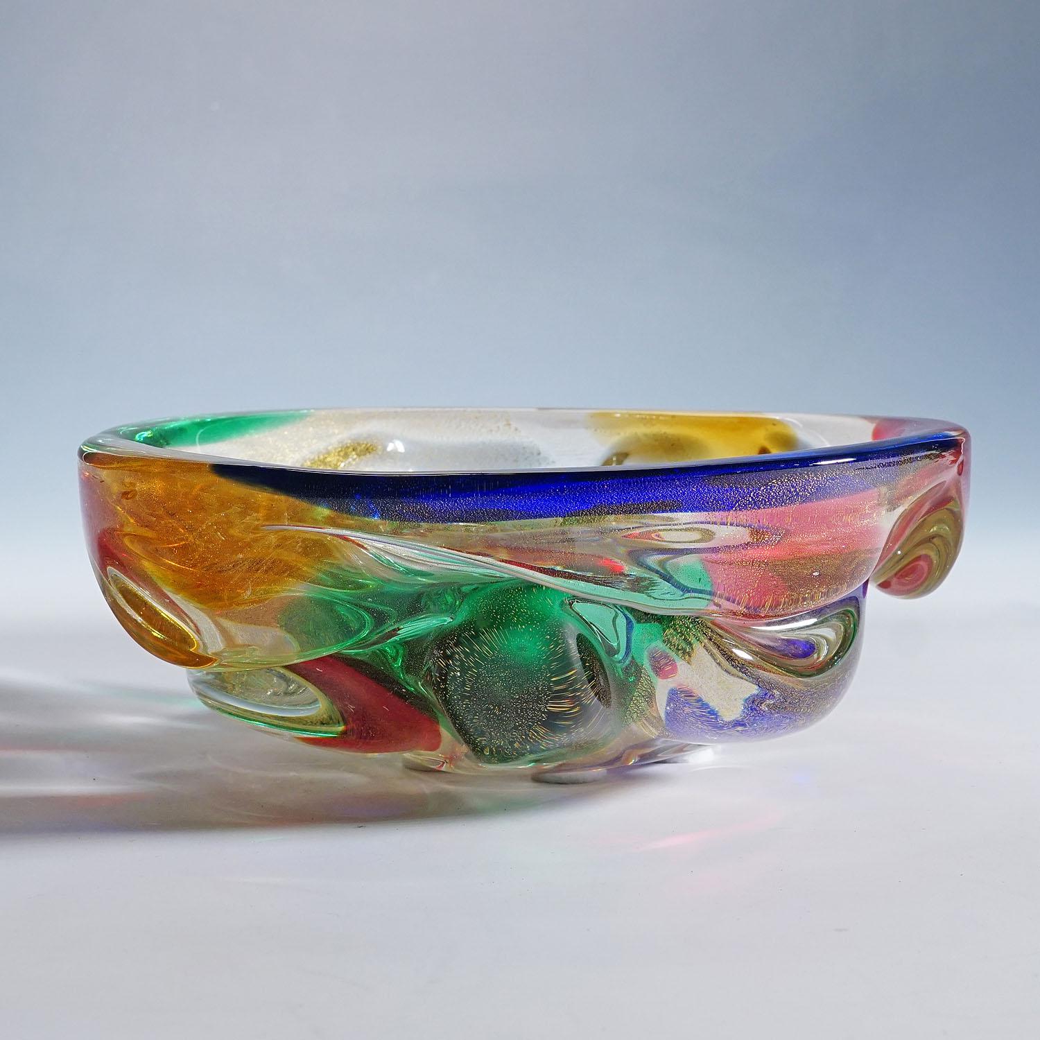 Mid-Century Modern Archimede Seguso 'A Macchie' Bowl with Multiple Colour Spots For Sale