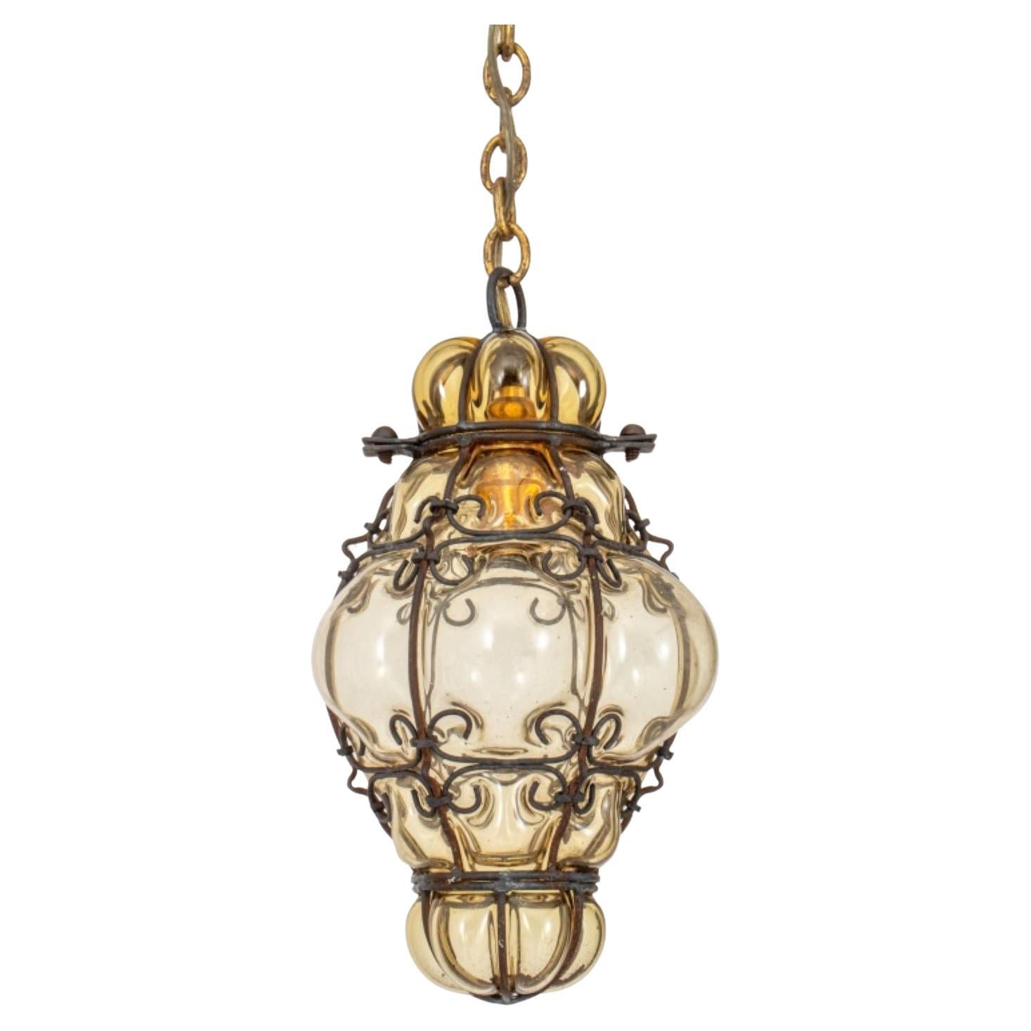 Archimede Seguso Attr. Amber Glass Pedant Lamp For Sale