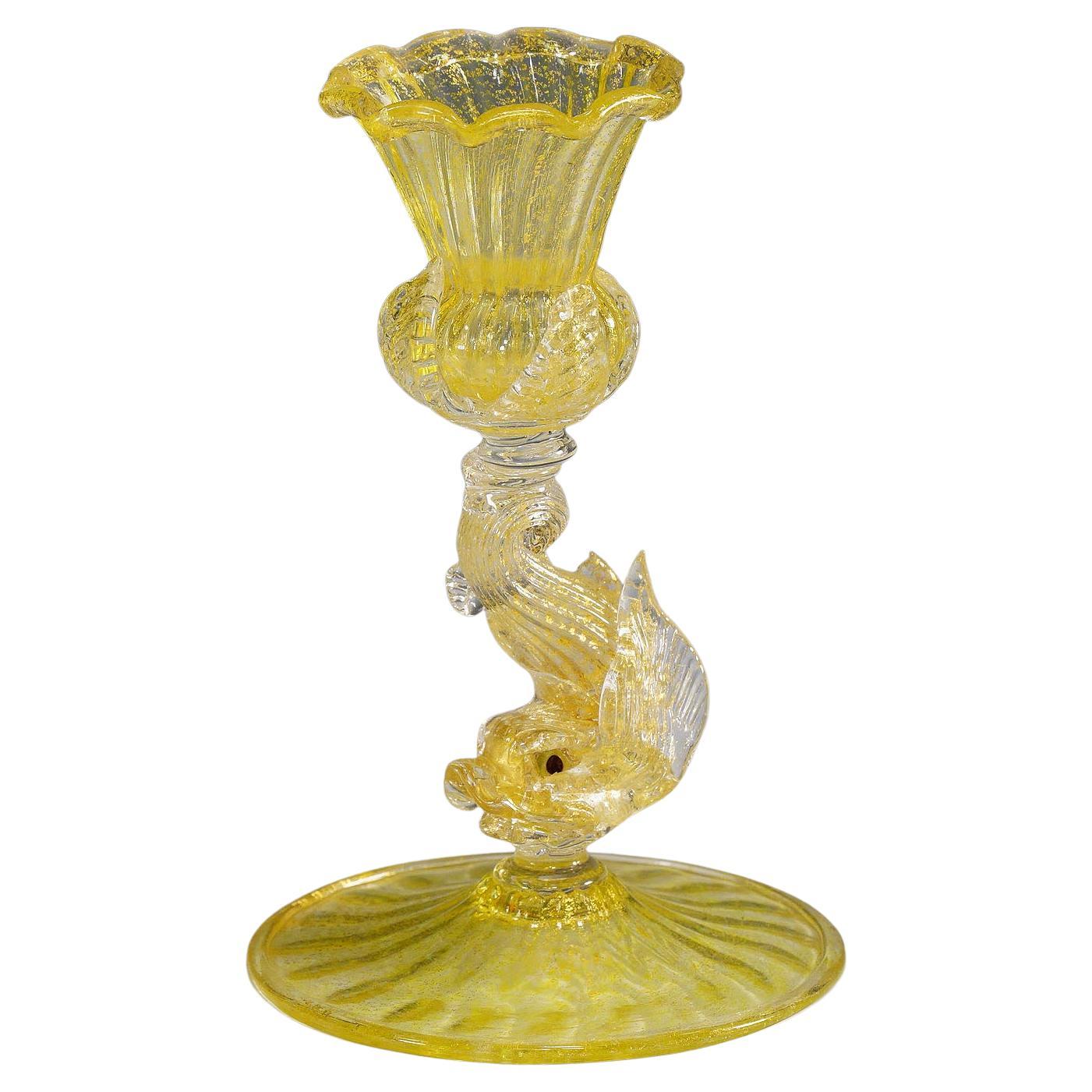 Archimede Seguso Attr. Glass Candle Stick with Dolphin ca. 1960s For Sale