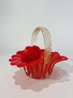 Archimede Seguso Basket in Murano Glass with Gold and Coralo Glass