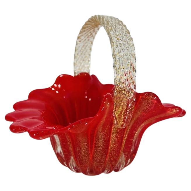 Archimede Seguso Basket in Murano Glass with Gold and Coralo Glass