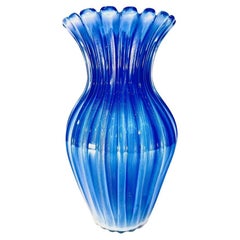 Vintage Archimede Seguso  blue Murano glass "Costolato oro" circa 1950 vase.