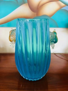 Archimede Seguso "costolato opalino oro" circa 1950 vase with fruits applied.