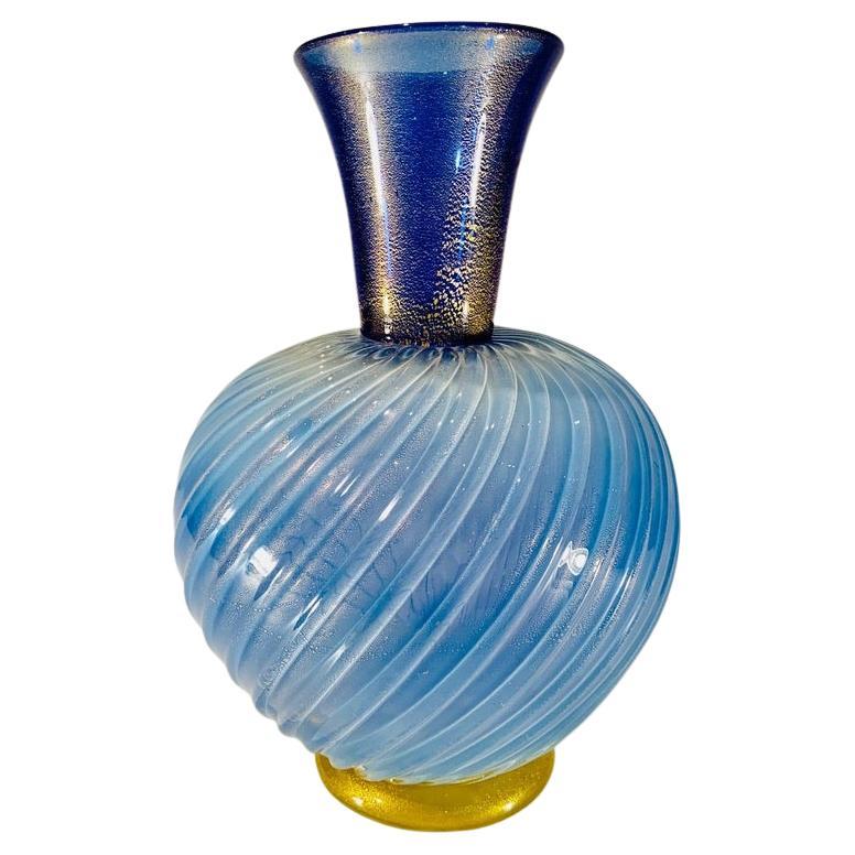 Archimede Seguso "costolato oro coronatto" circa 1950 blue vase For Sale