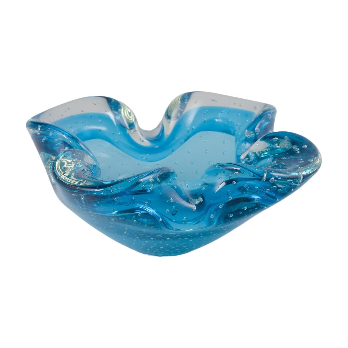 Archimede Seguso for Murano, Italy. Bowl in azure blue art glass with clear rim.