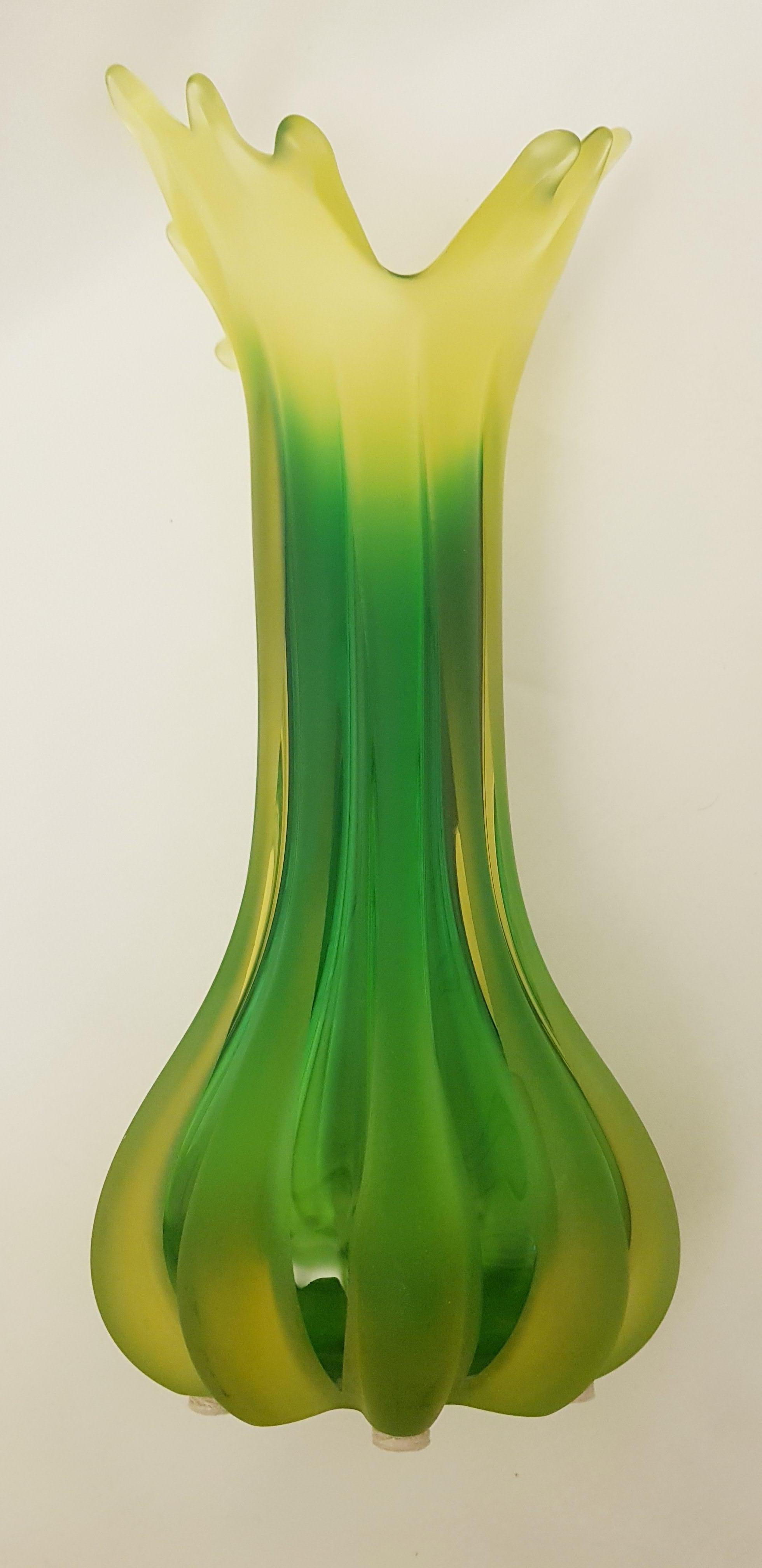 Uranium Glass Archimede Seguso Frosted Uranium Murano Glass Vase a Verde For Sale