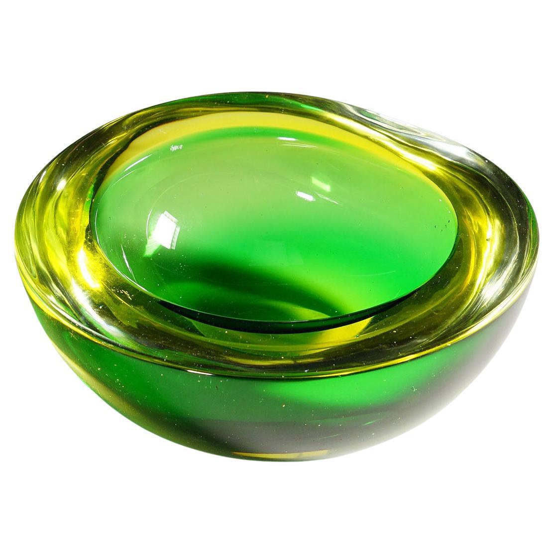 Archimede Seguso Geode Bowl in Green and Yellow, Murano Italy Ca. 1960s