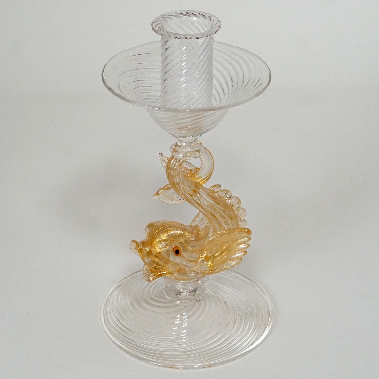 Italian Archimede Seguso Glass Candle Stick with Dolphin, circa 1960s For Sale