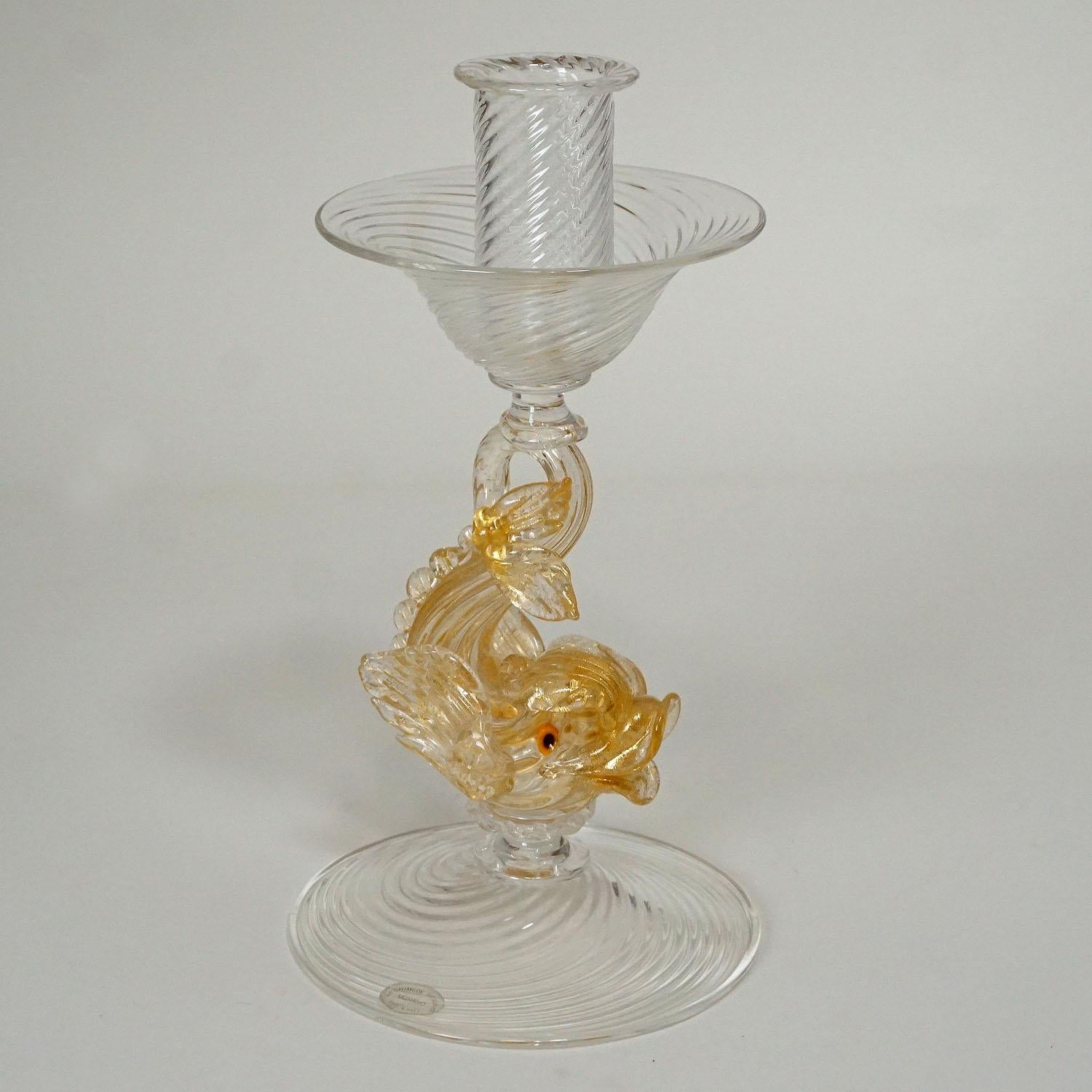 20th Century Archimede Seguso Glass Candle Stick with Dolphin, circa 1960s For Sale