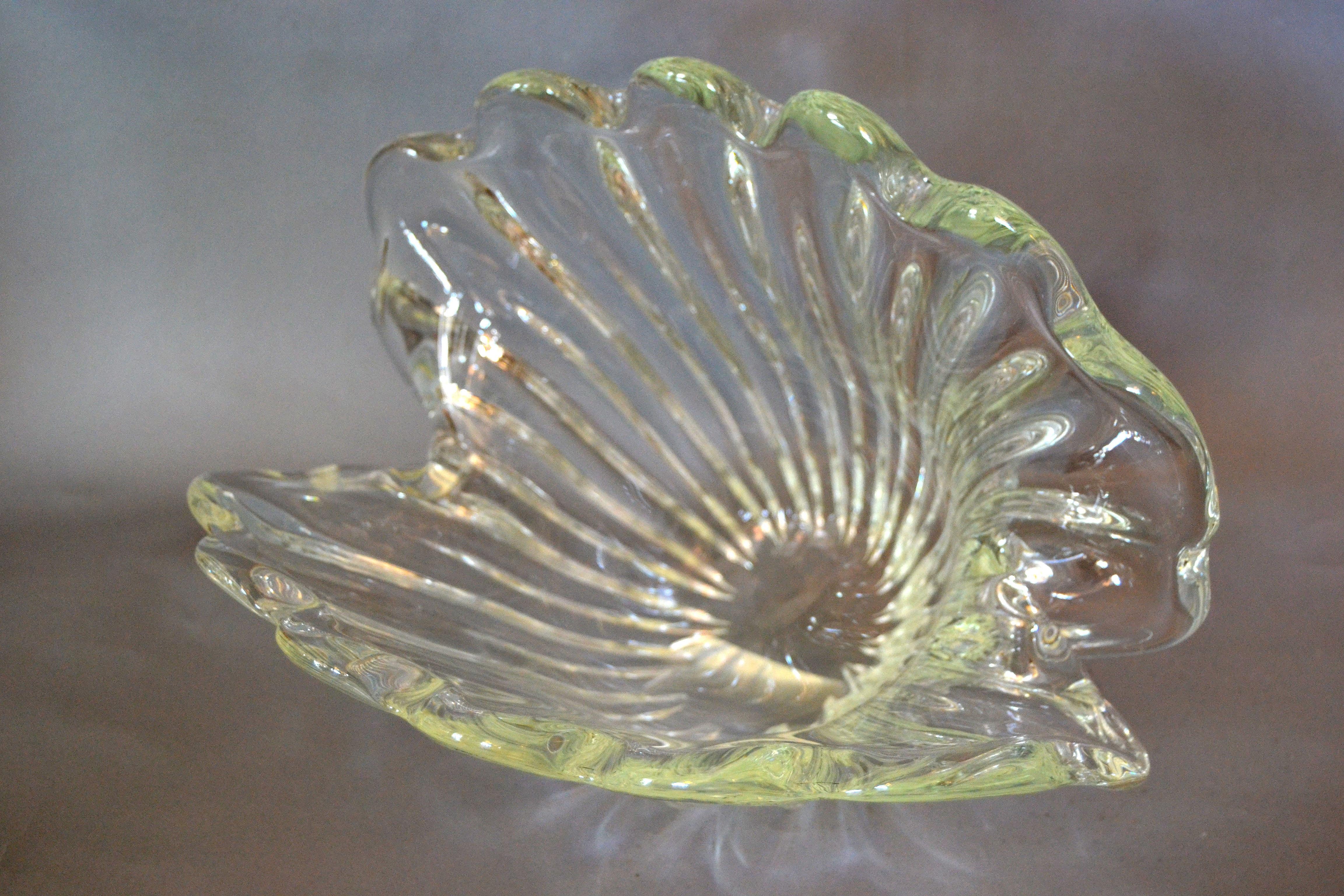 Archimede Seguso Handblown Clear Murano Glass Clam Shell Centerpiece, Italy For Sale 1