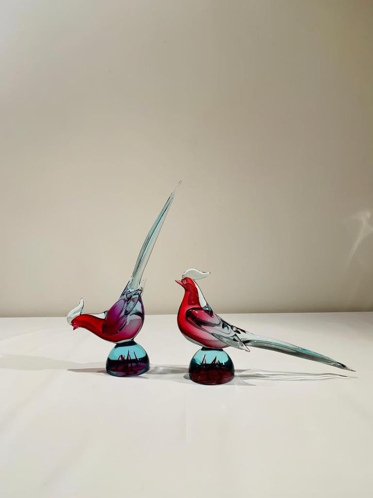 Archimede Seguso italian bicolor 1950 Murano Glass pheasants pair. For Sale 5