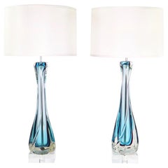 Archimede Seguso Italian Hollywood Regency Murano Sommerso Glass Table Lamps