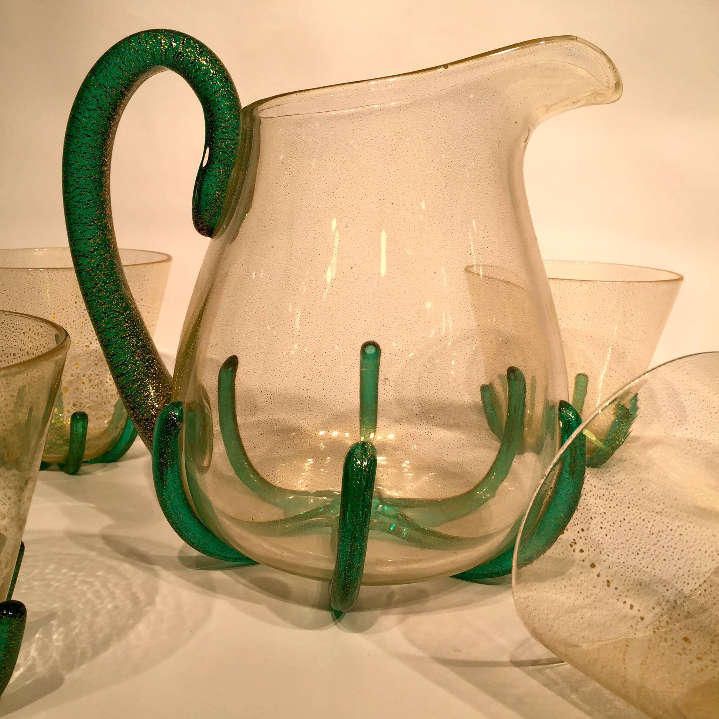 Mid-Century Modern Archimede Seguso Jar and Six Glasses in Artistic Blown Glass of Murano, 1950 For Sale