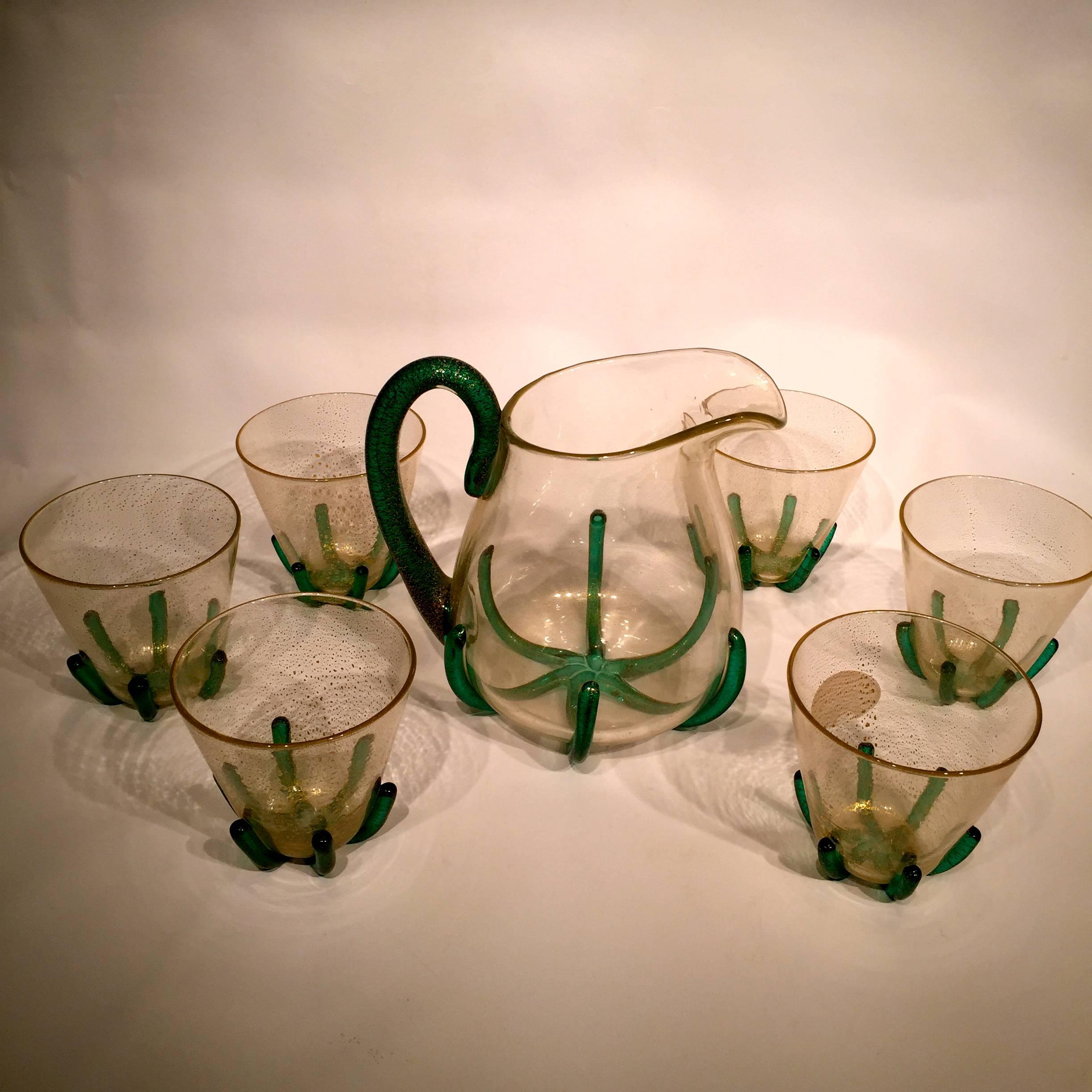 Appliqué Archimede Seguso Jar and Six Glasses in Artistic Blown Glass of Murano, 1950 For Sale