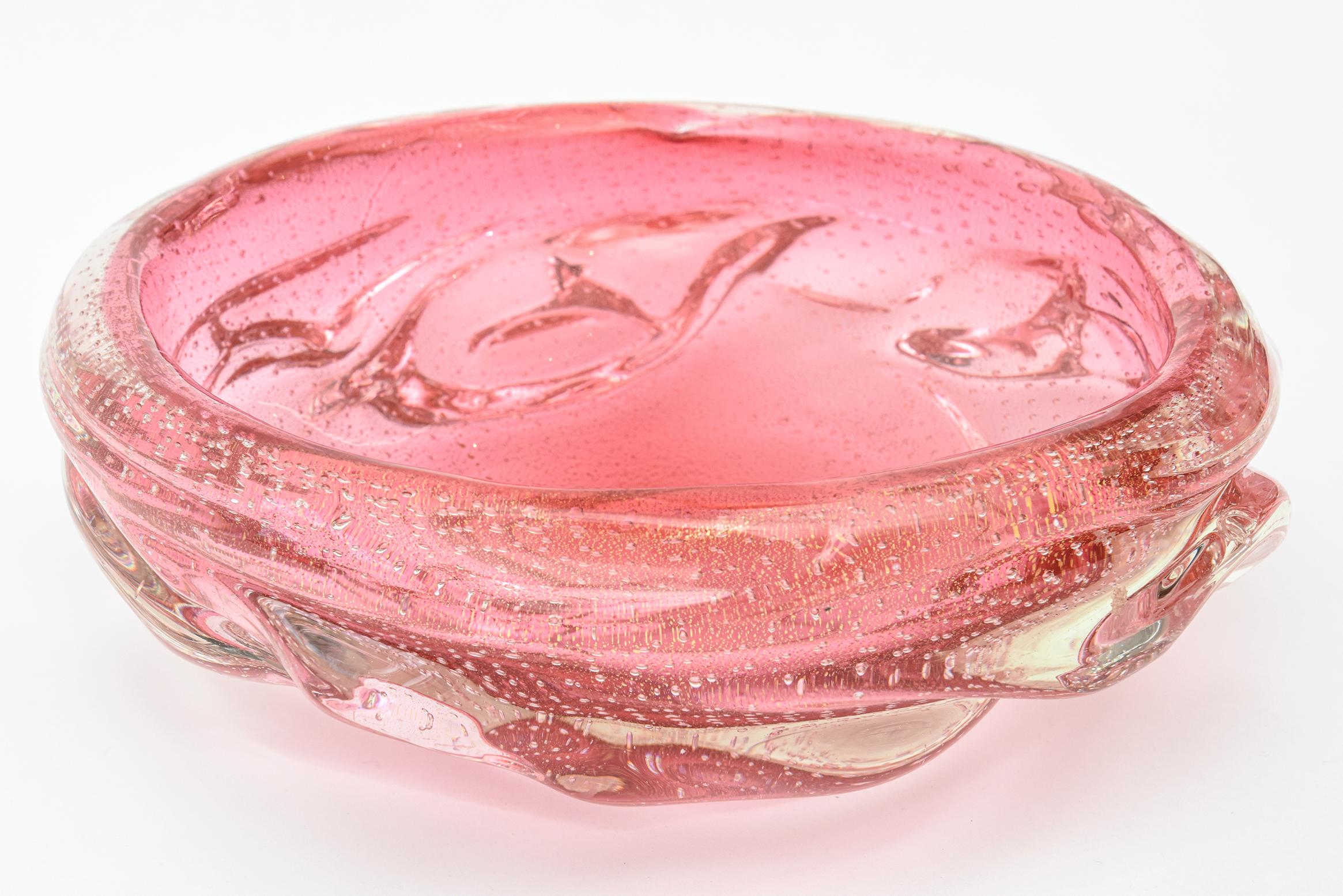 Mid-Century Modern Archimede Seguso Bullecante Gold Murano Cranberry Braided Glass Bowl Vintage