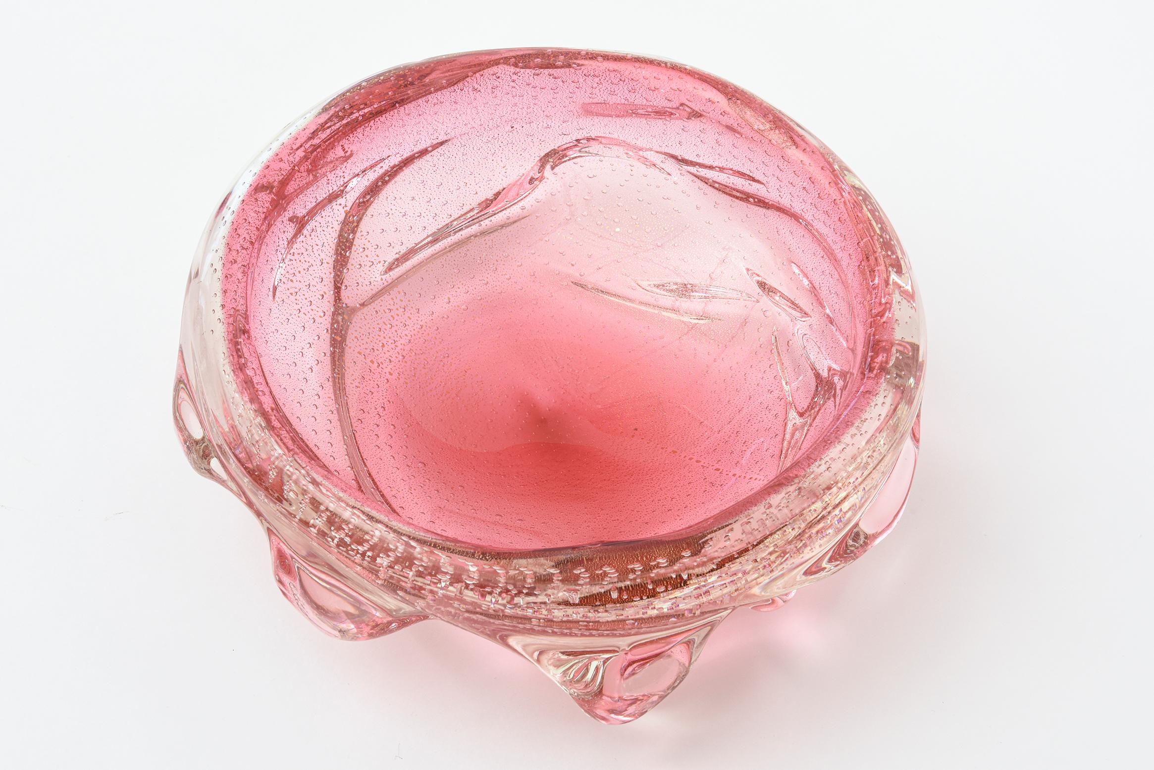 Archimede Seguso Bullecante Gold Murano Cranberry Braided Glass Bowl Vintage In Good Condition In North Miami, FL