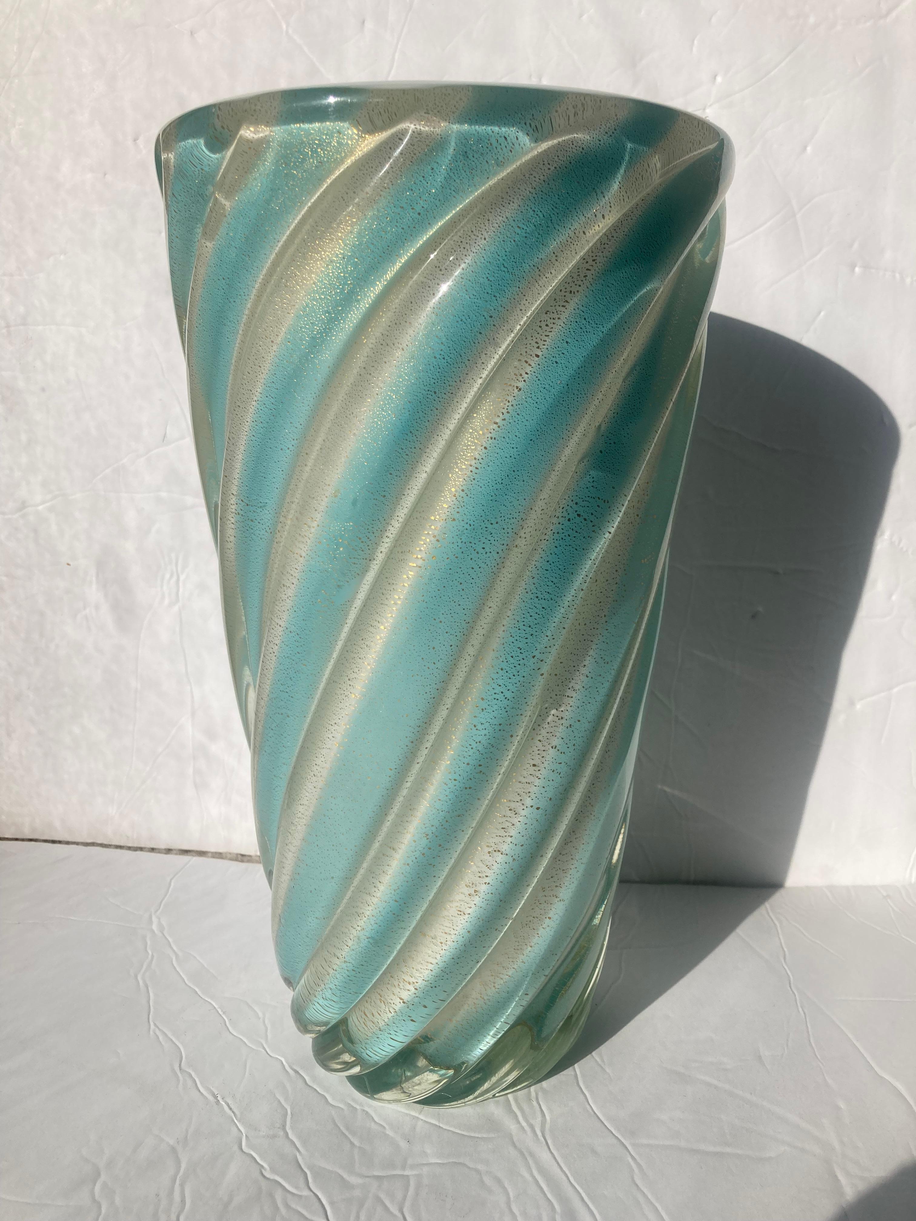 Italian Archimede Seguso Large Gold Flakes Opaline Murano Glass Vase For Sale