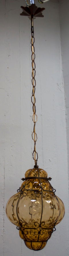 Archimede Seguso Mid-Century Modern Murano Blown Amber Glass Pendant Lamp, 1945