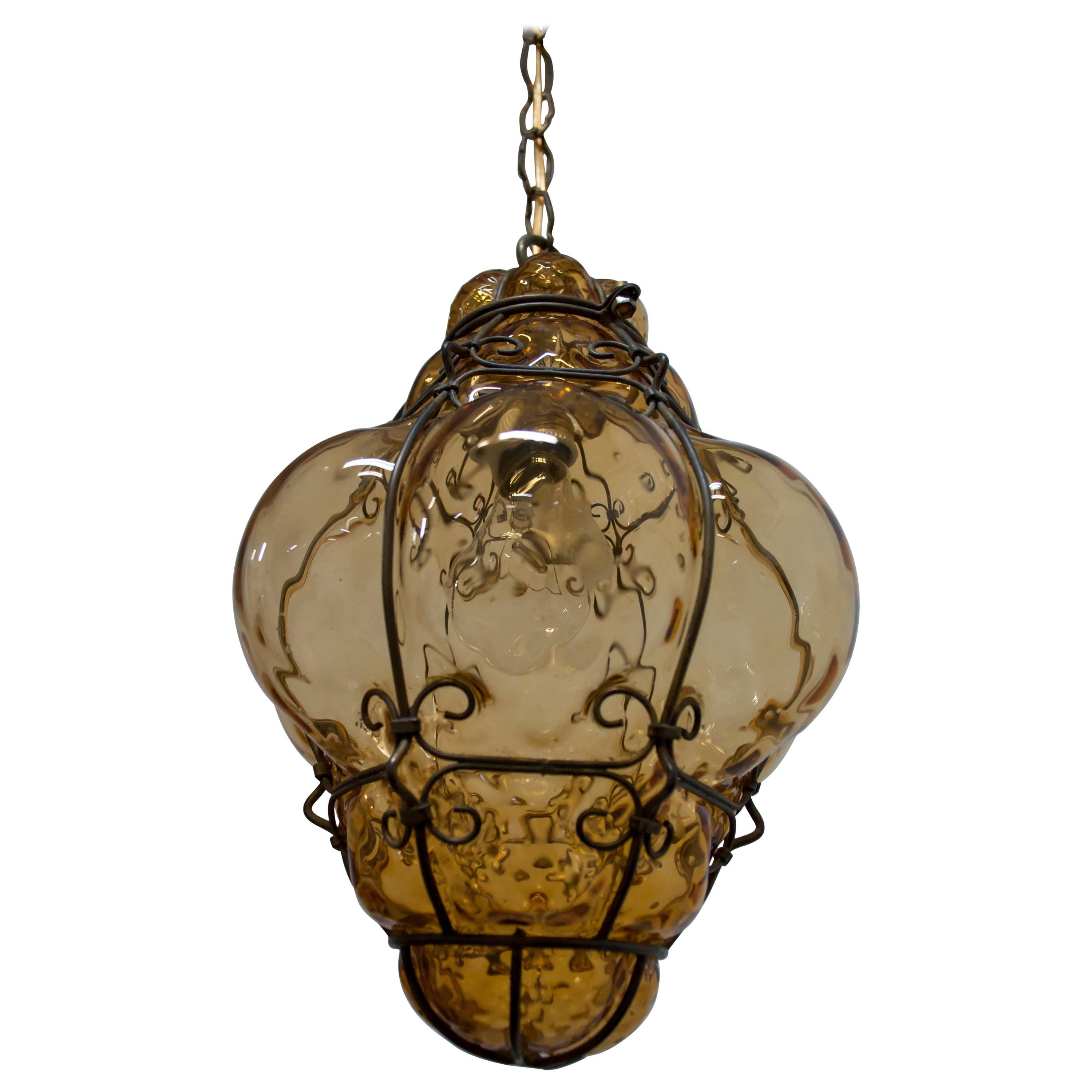 Archimede Seguso Mid-Century Modern Murano Blown Amber Glass Pendant Lamp, 1945
