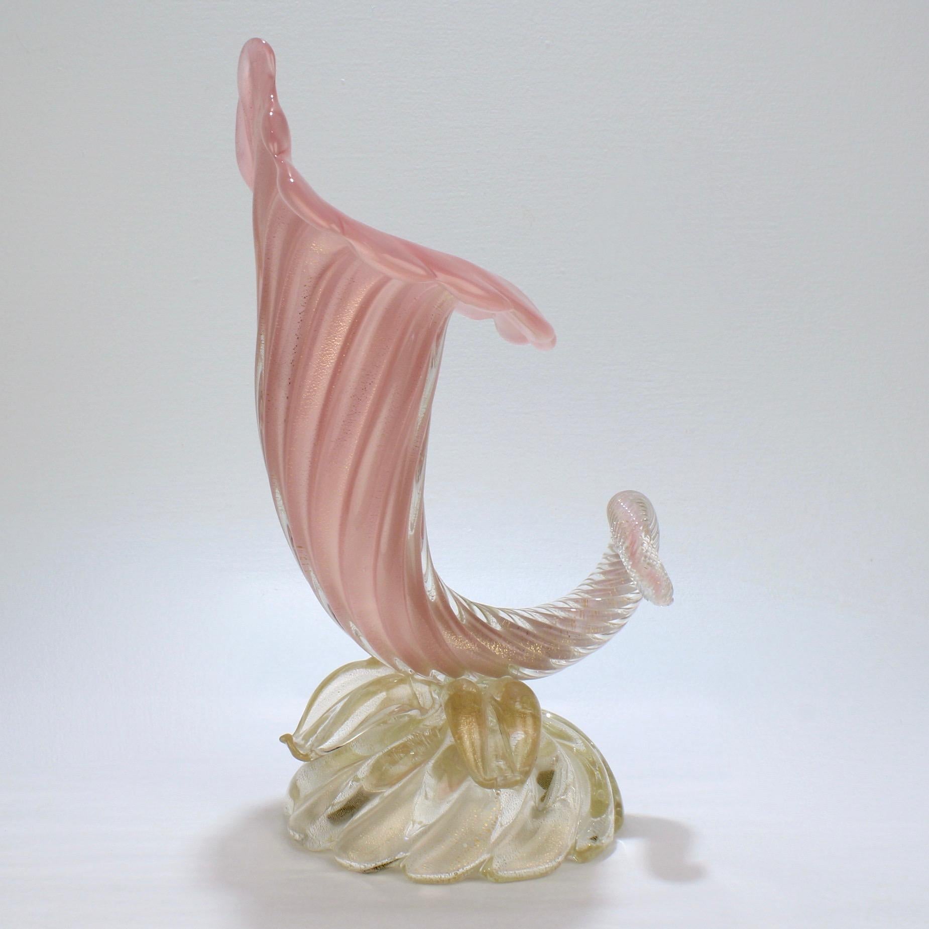 Mid-Century Modern Archimede Seguso Midcentury Pink Murano Glass 'Opalino a Coste' Cornucopia Vase