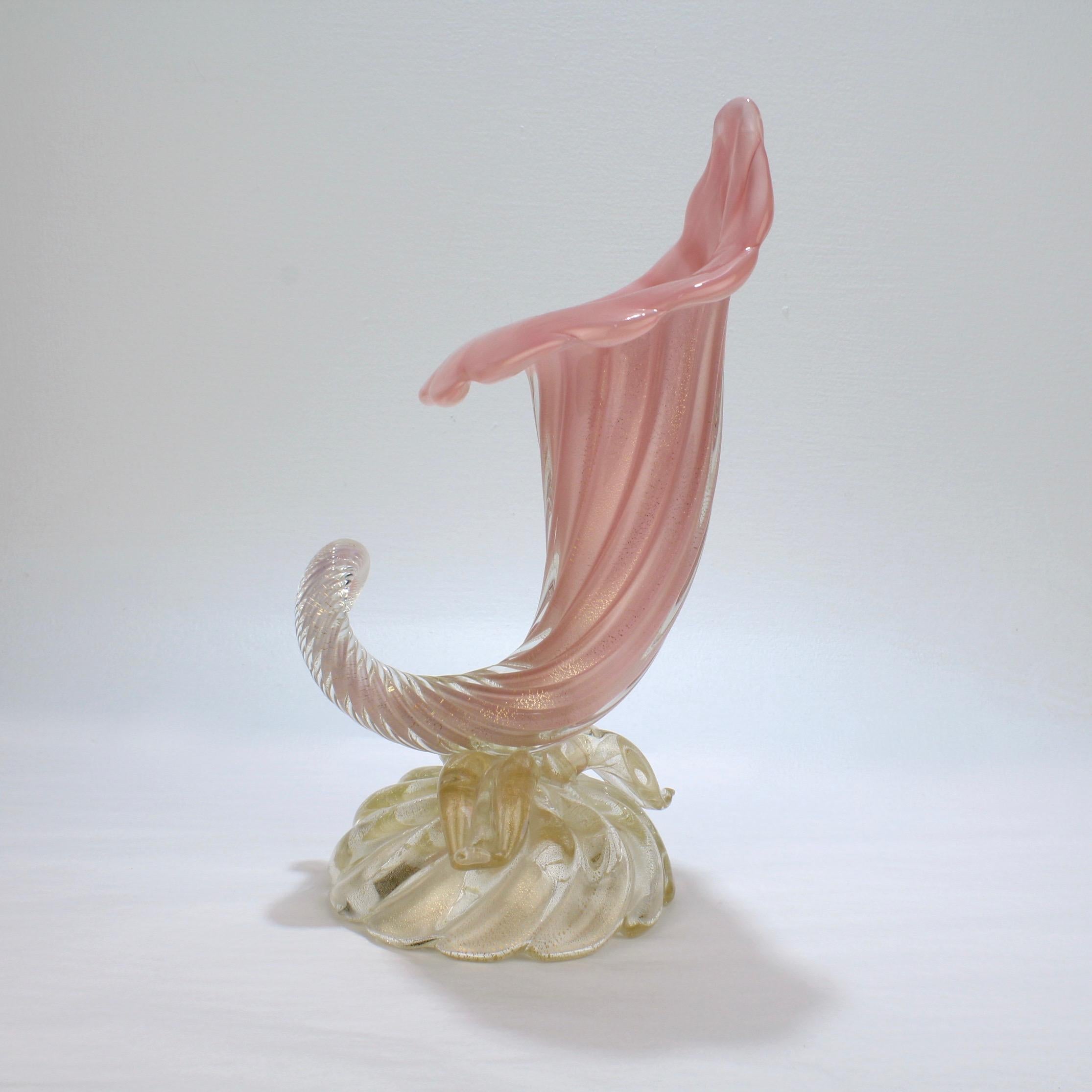 Mid-20th Century Archimede Seguso Midcentury Pink Murano Glass 'Opalino a Coste' Cornucopia Vase