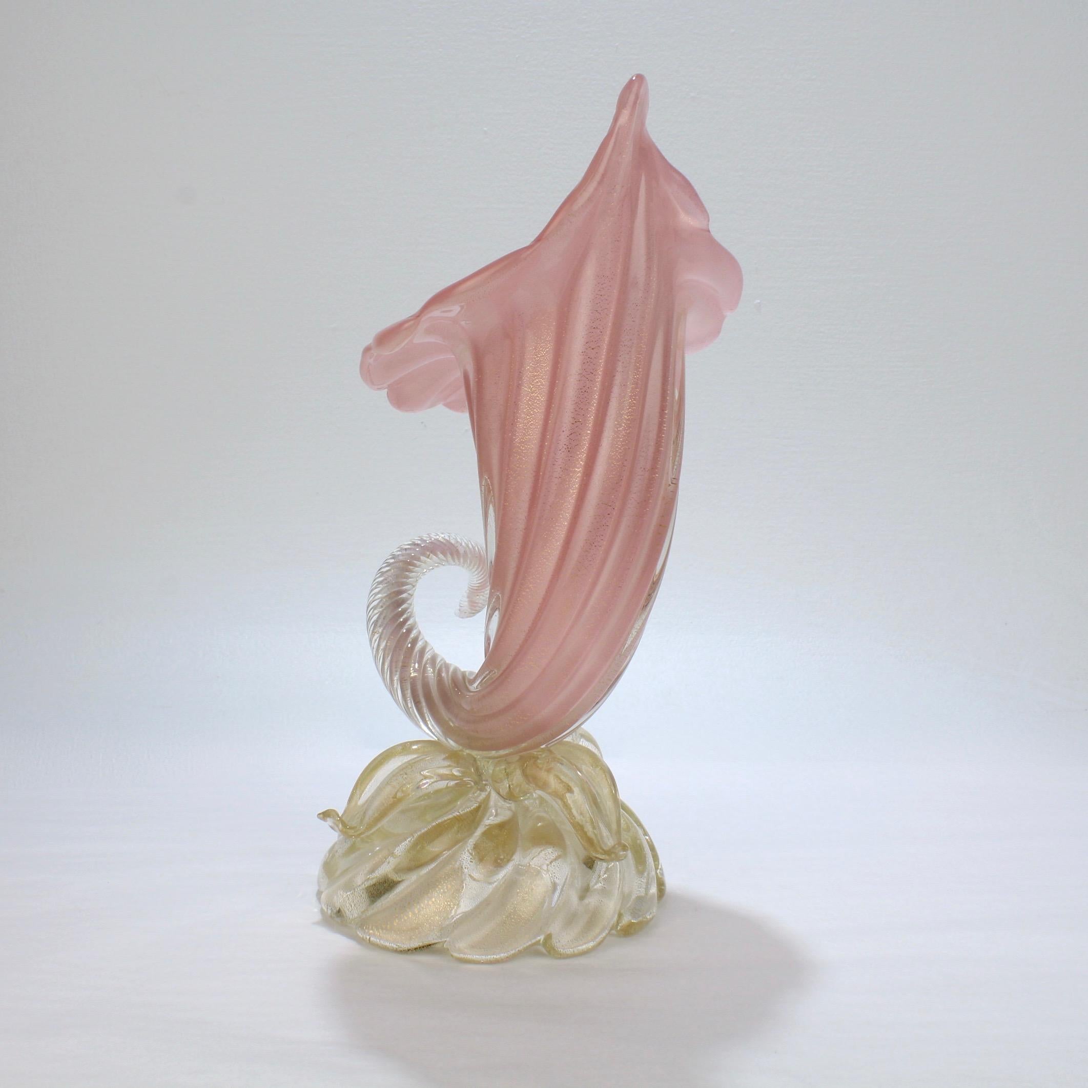 Art Glass Archimede Seguso Midcentury Pink Murano Glass 'Opalino a Coste' Cornucopia Vase
