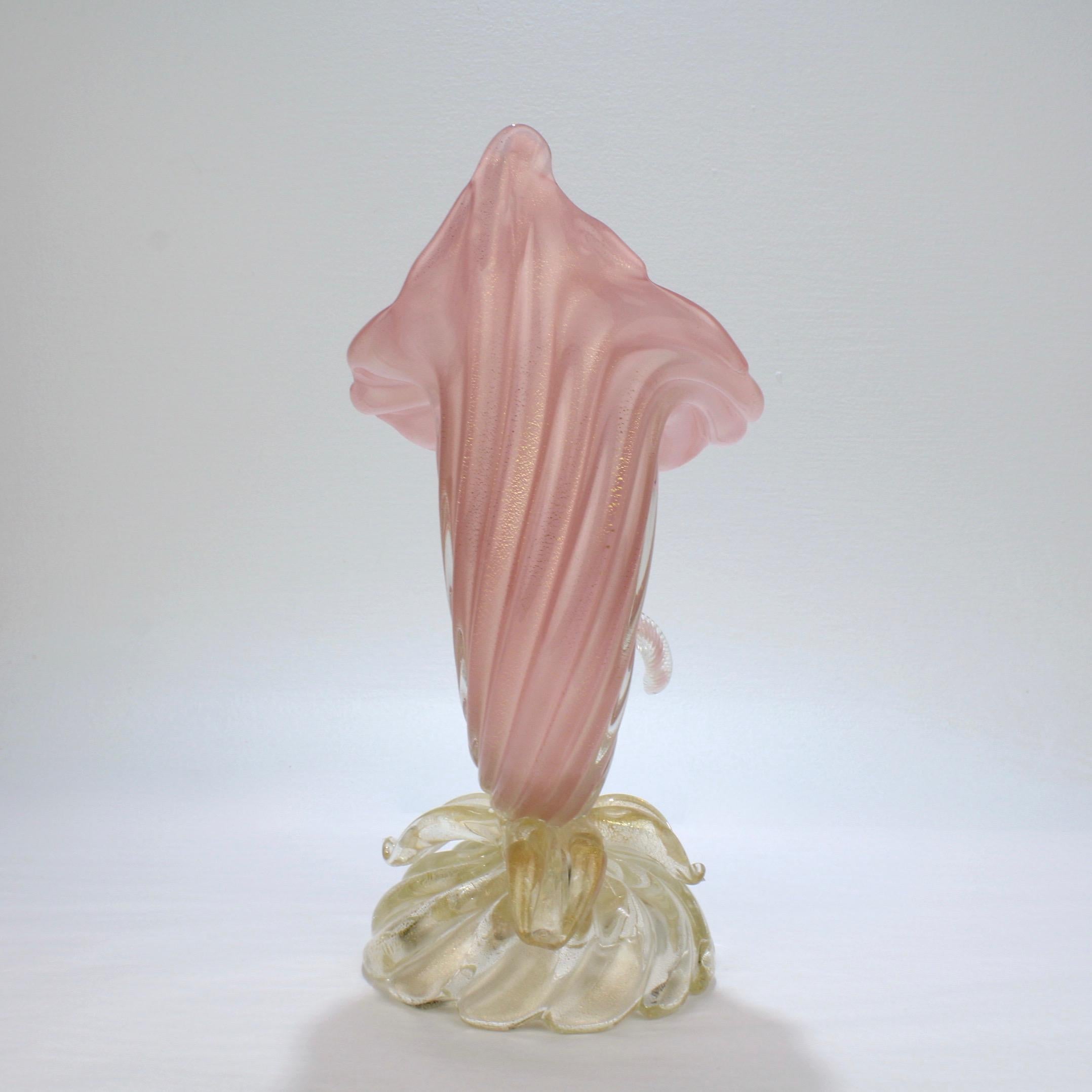 Archimede Seguso Midcentury Pink Murano Glass 'Opalino a Coste' Cornucopia Vase 1