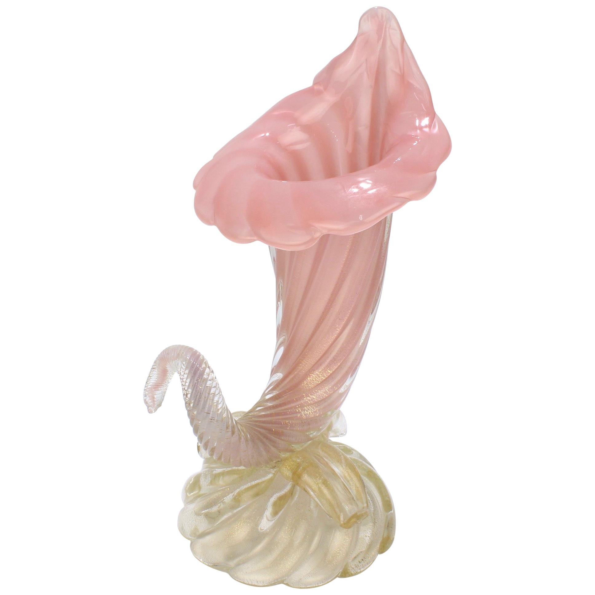 Archimede Seguso Midcentury Pink Murano Glass 'Opalino a Coste' Cornucopia Vase