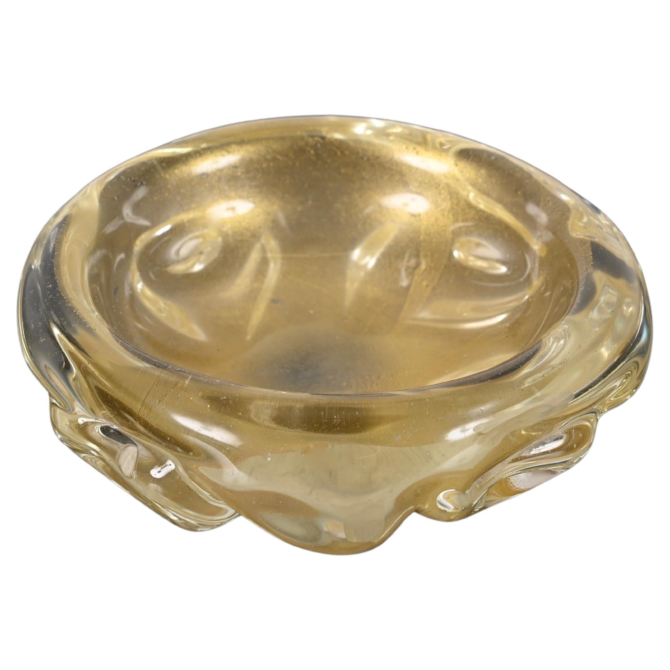 Archimede Seguso Midcentury Murano Glass Bowl with Gold Dots, Italy, 1960s For Sale