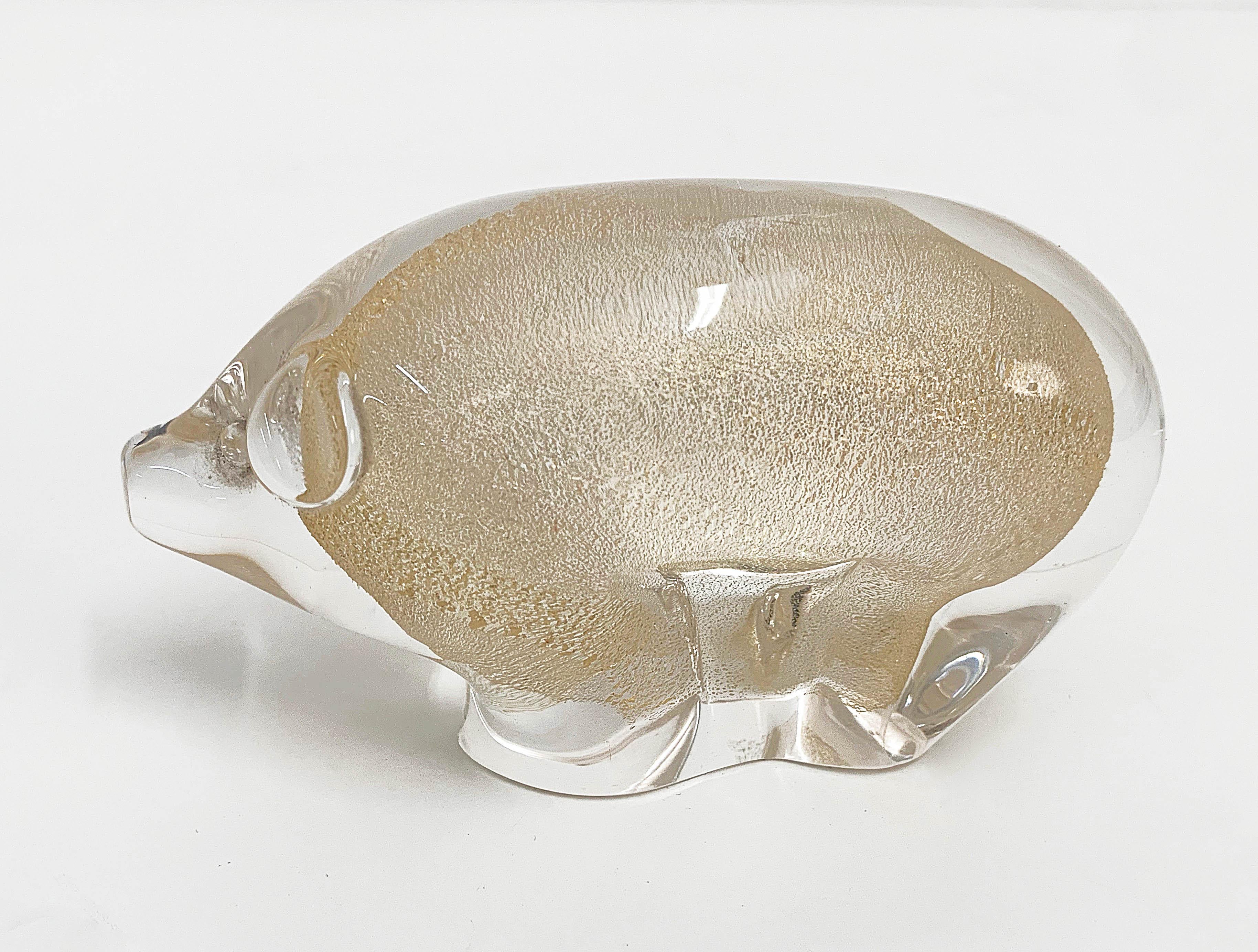 20th Century Archimede Seguso Midcentury Pig Murano Glass Italian Sculpture with Golden Dots