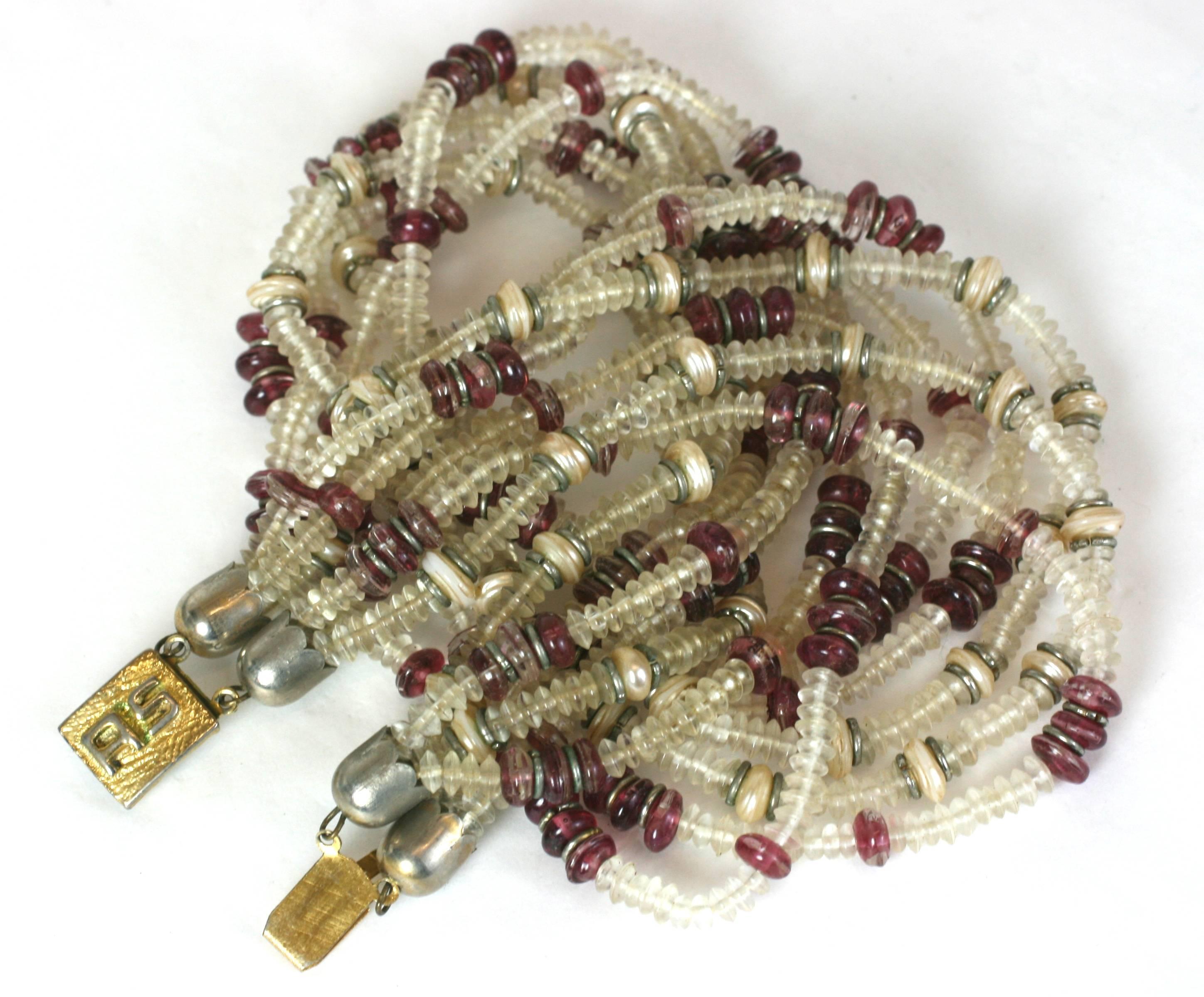 Archimede Seguso Multi Strand Necklace of handmade glass rondels in frosted crystal, faux ruby and pearl with silvertoned spacers. 
1960's Italy. Signed on clasp. 
Excellent condition. 
16