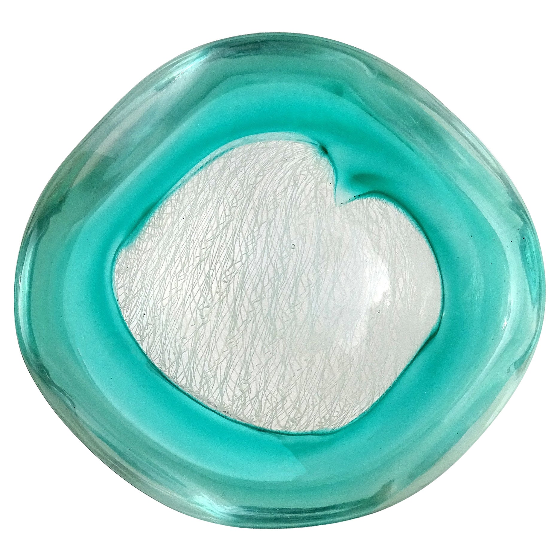 Archimede Seguso Murano 1952 Grün Weiß Merletto Bänder Italienisches Kunstglas Schale