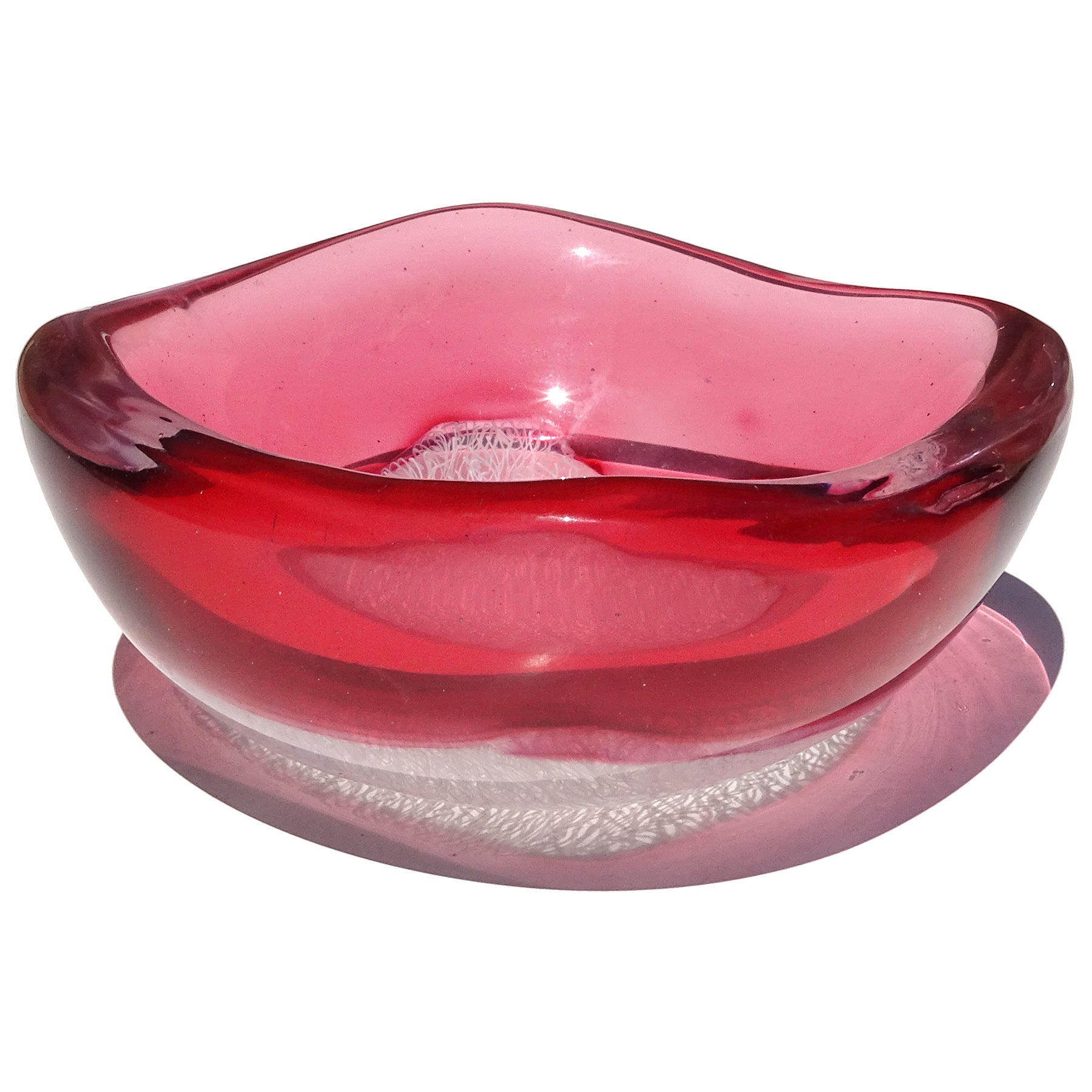 Hand-Crafted Archimede Seguso Murano 1952 Pink White Merletto Ribbons Italian Art Glass Bowl For Sale