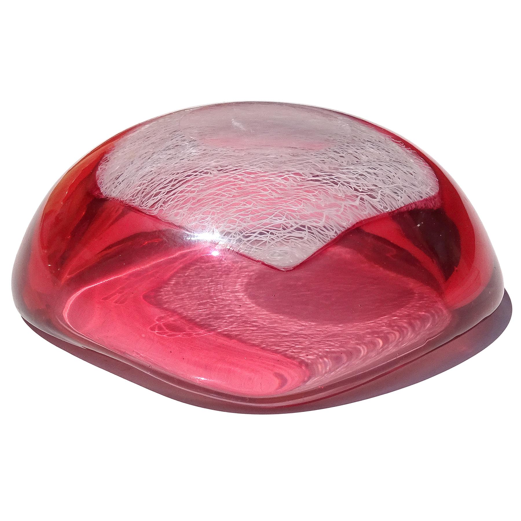 20th Century Archimede Seguso Murano 1952 Pink White Merletto Ribbons Italian Art Glass Bowl For Sale