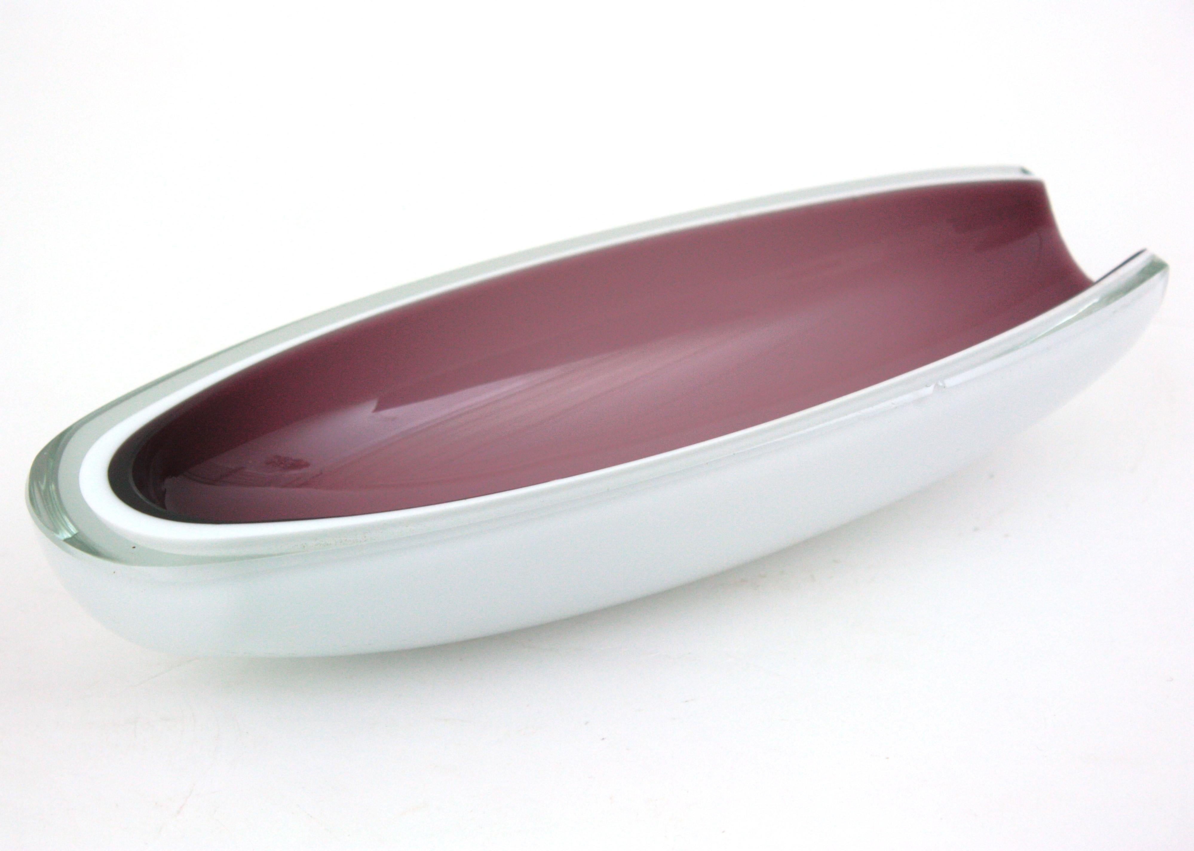 Archimede Seguso Murano Alabastro Purple White Cased Oval Art Glass Bowl For Sale 3