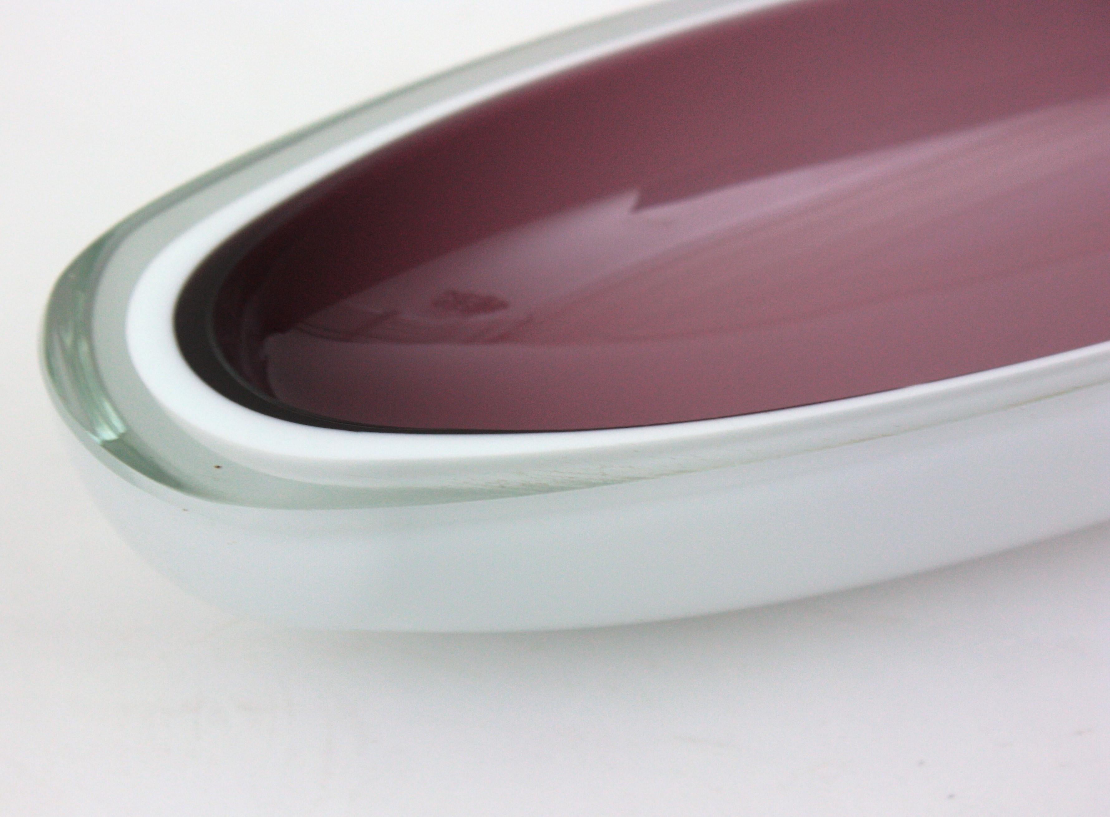 Archimede Seguso Murano Alabastro Purple White Cased Oval Art Glass Bowl For Sale 5