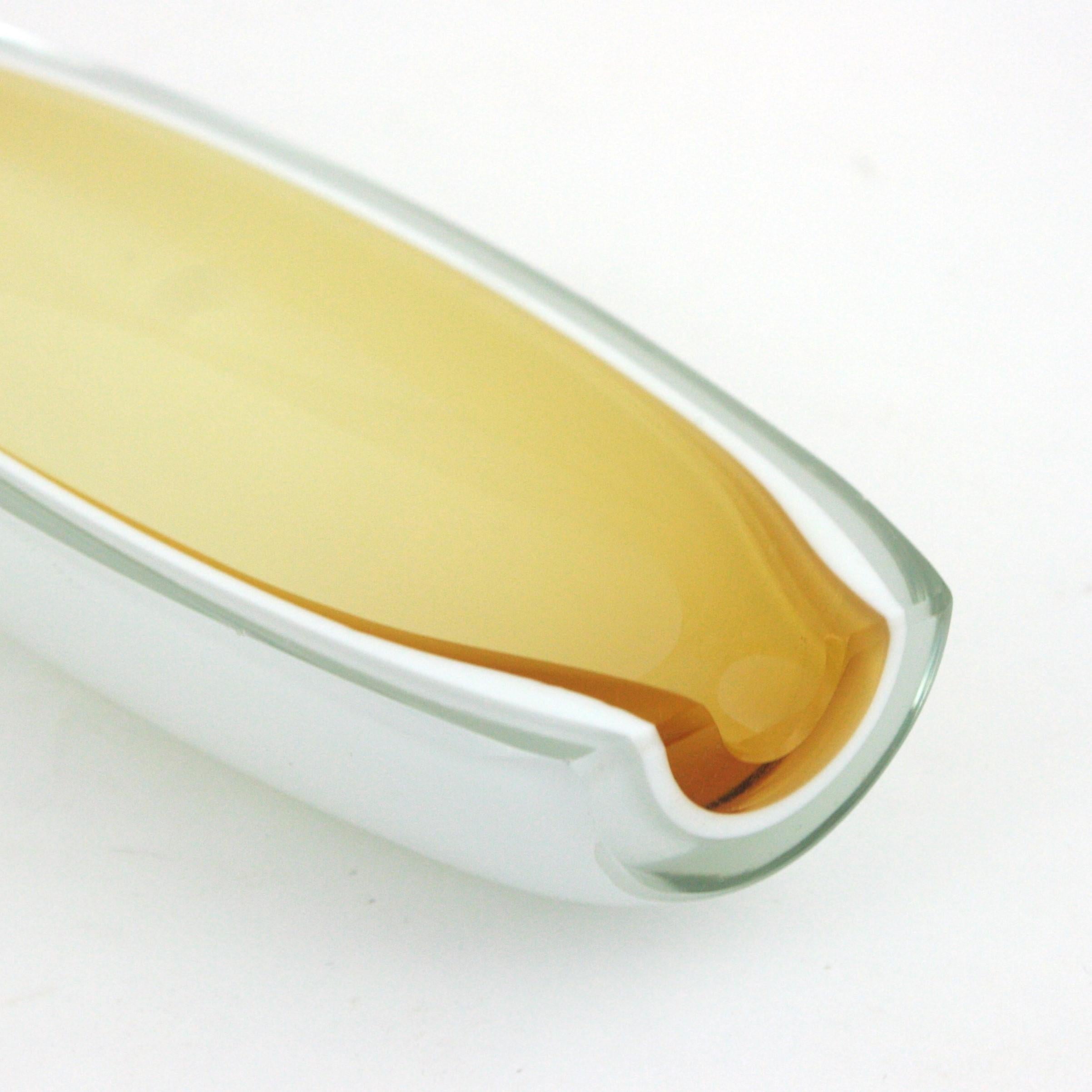 Italian Archimede Seguso Murano Alabastro Yellow White Cased Oval Art Glass Bowl For Sale