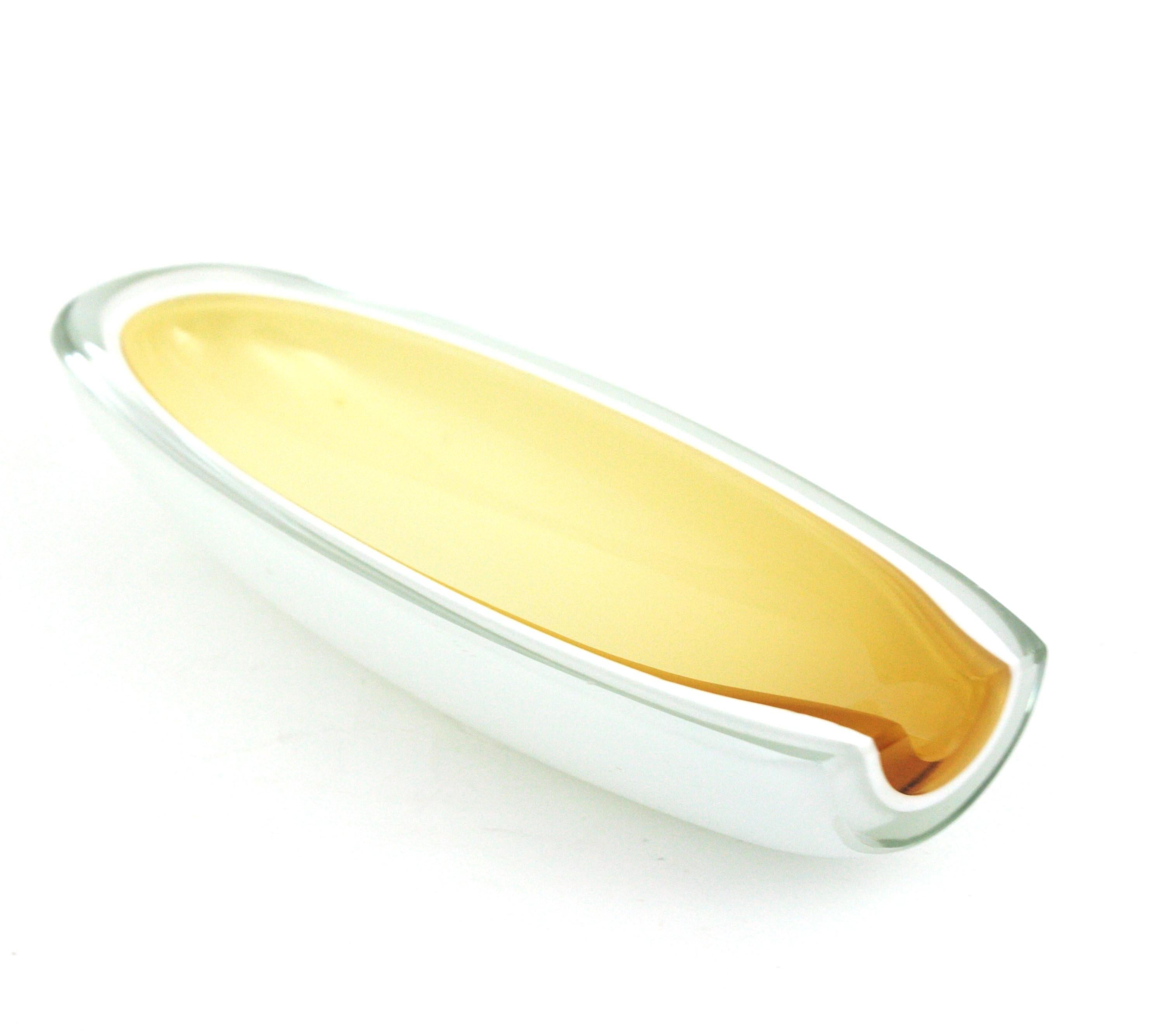 Verre d'art Archimede Seguso Murano Coupe ovale en verre d'art albâtre jaune blanc ciselé en vente