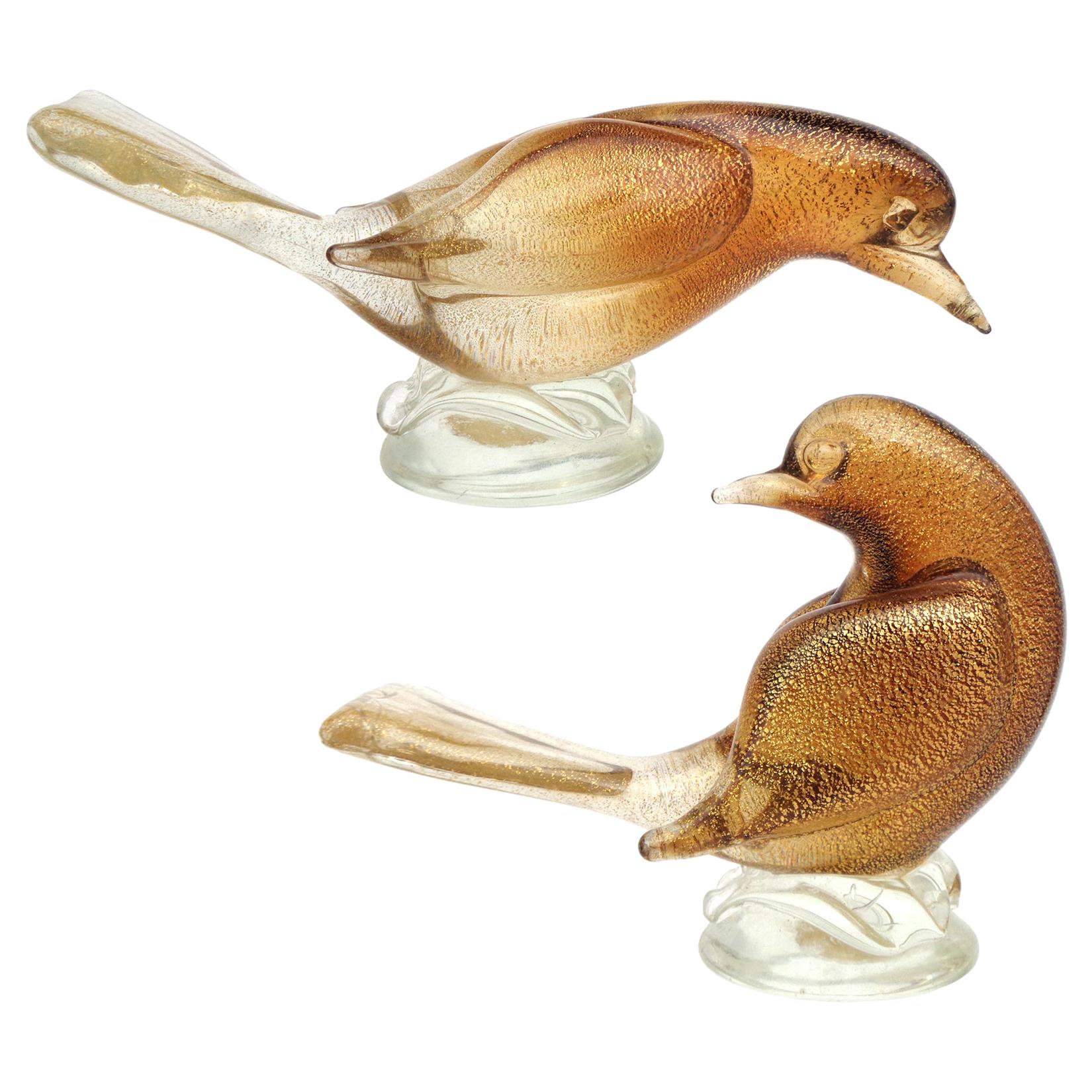 Archimede Seguso - Figurine d'oiseaux colombes en verre d'art italien de Murano, ambr et mouchets d'or